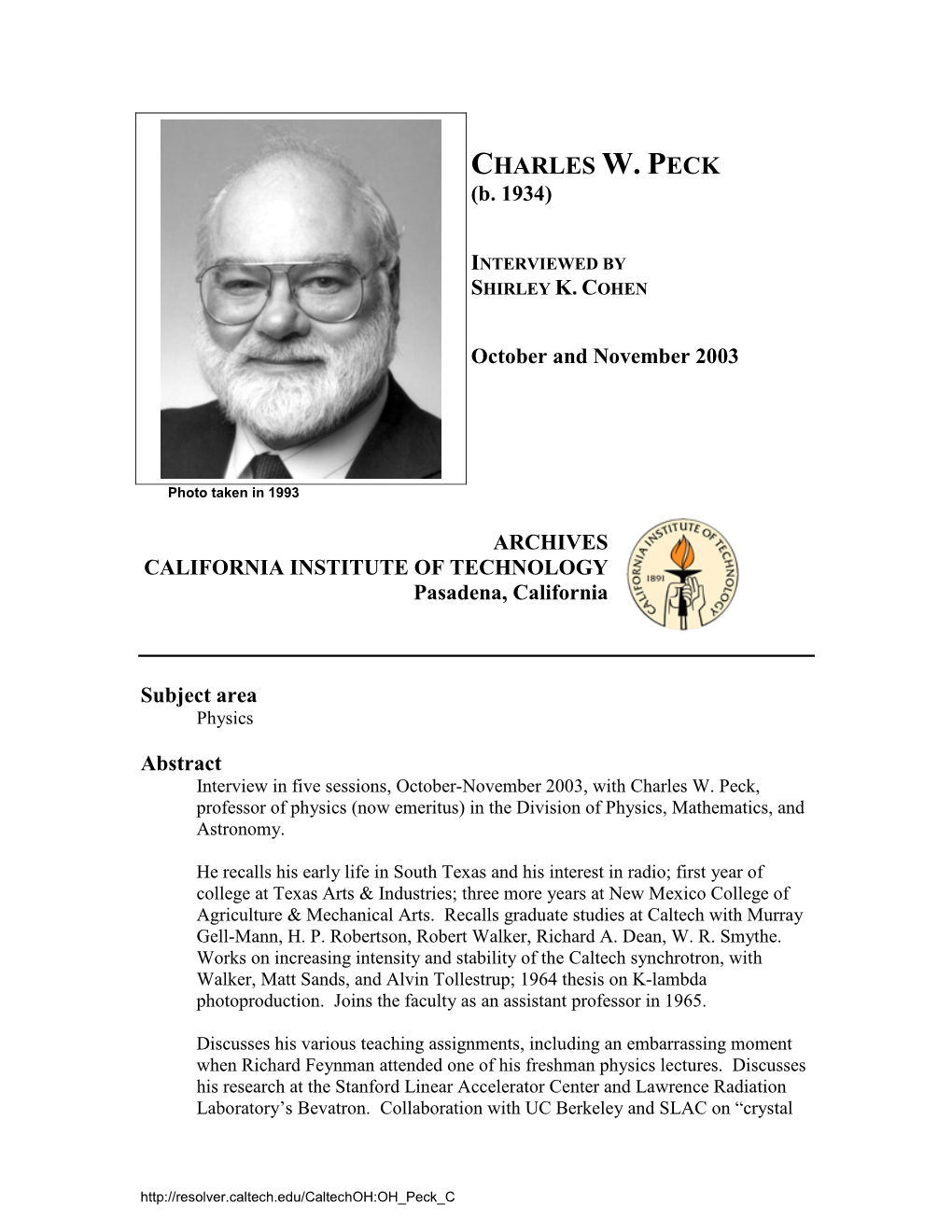 Interview with Charles W. Peck