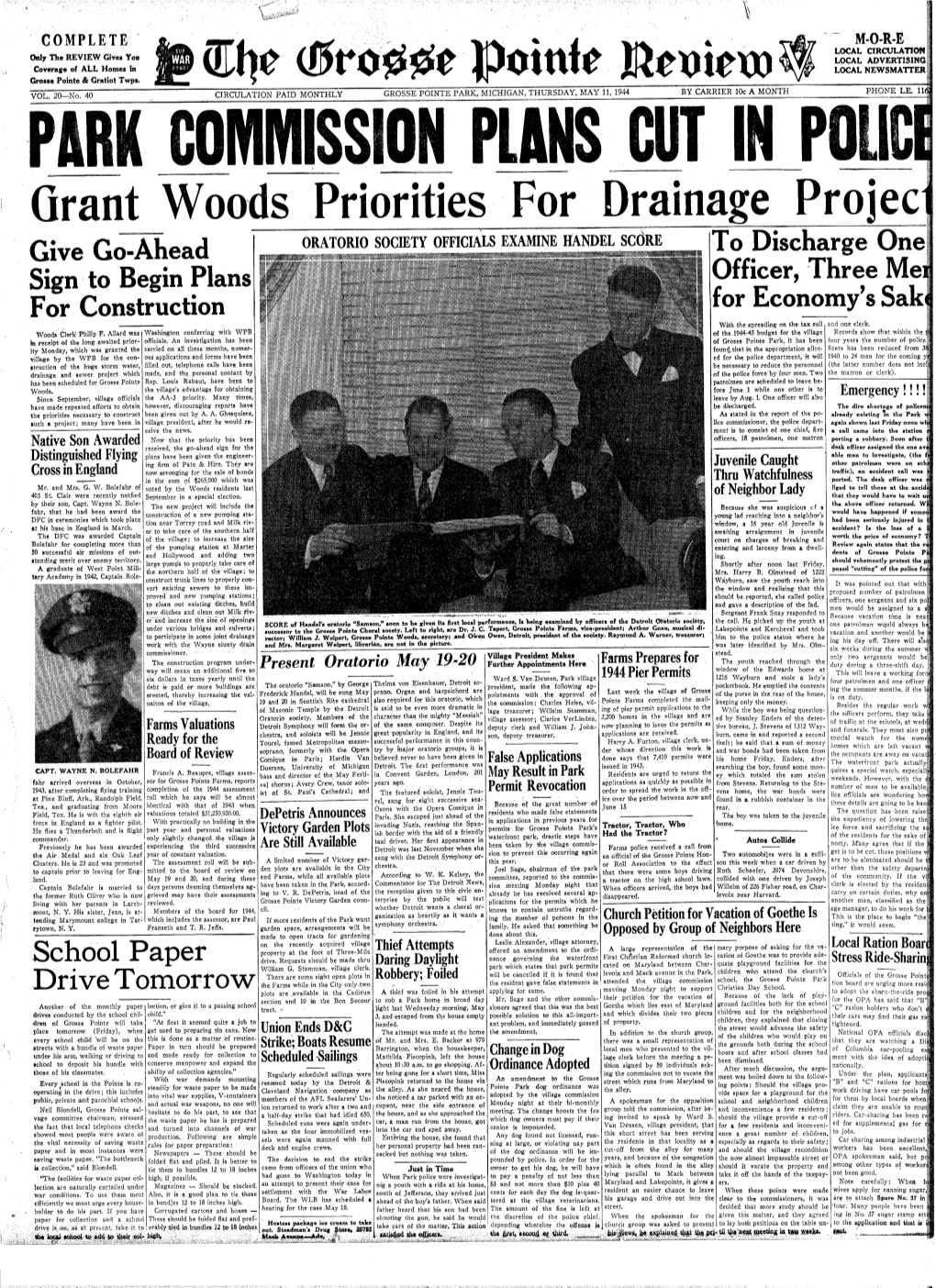 Grant Woods Priorities for Drainage Projec __ ' I Give Go-Ahead ORATORIO SOCIETY OFFICIALS EXAMINE HANDEL SCORE to Discharge Onel
