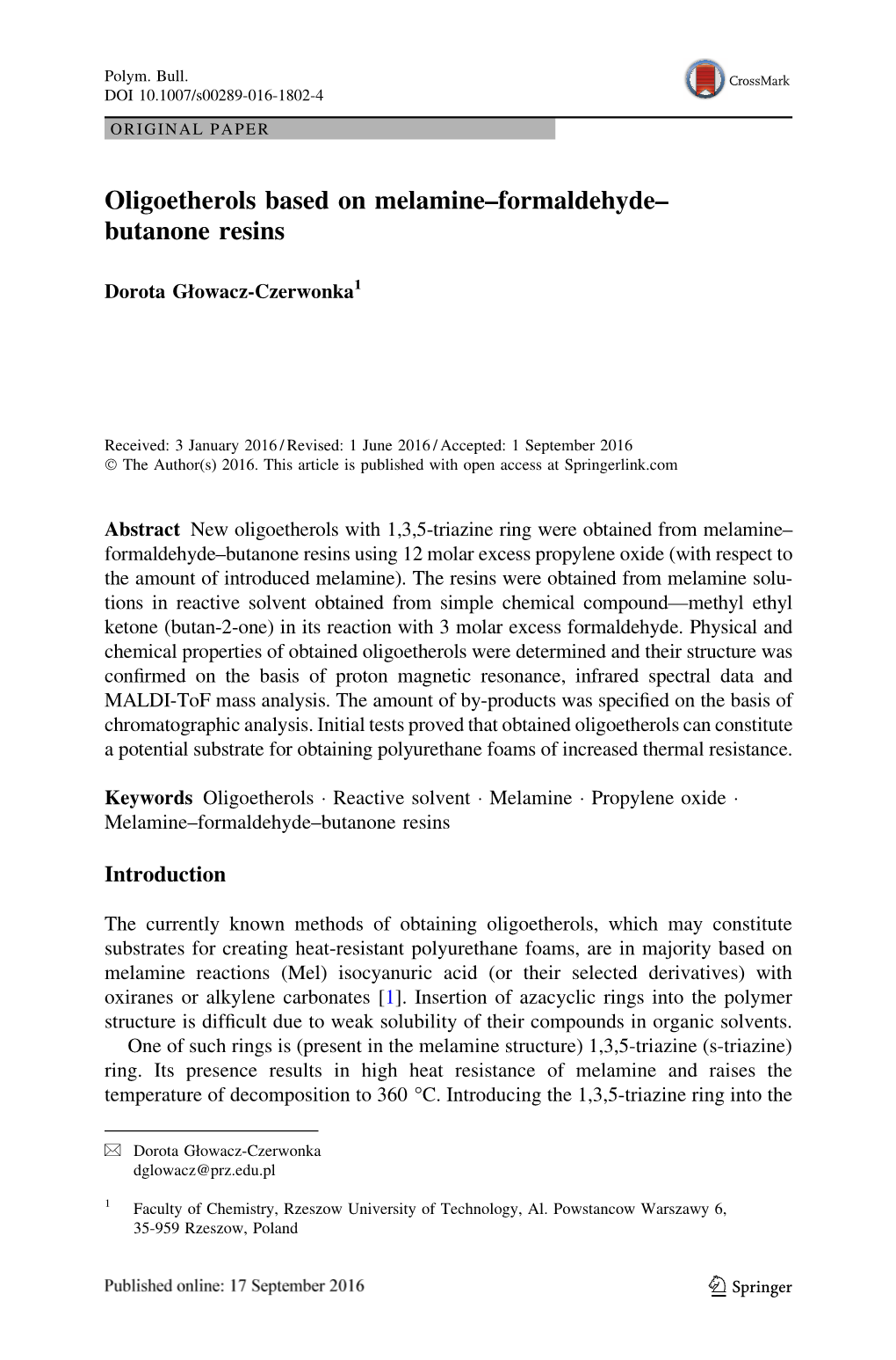 Oligoetherols Based on Melamine–Formaldehyde–Butanone Resins