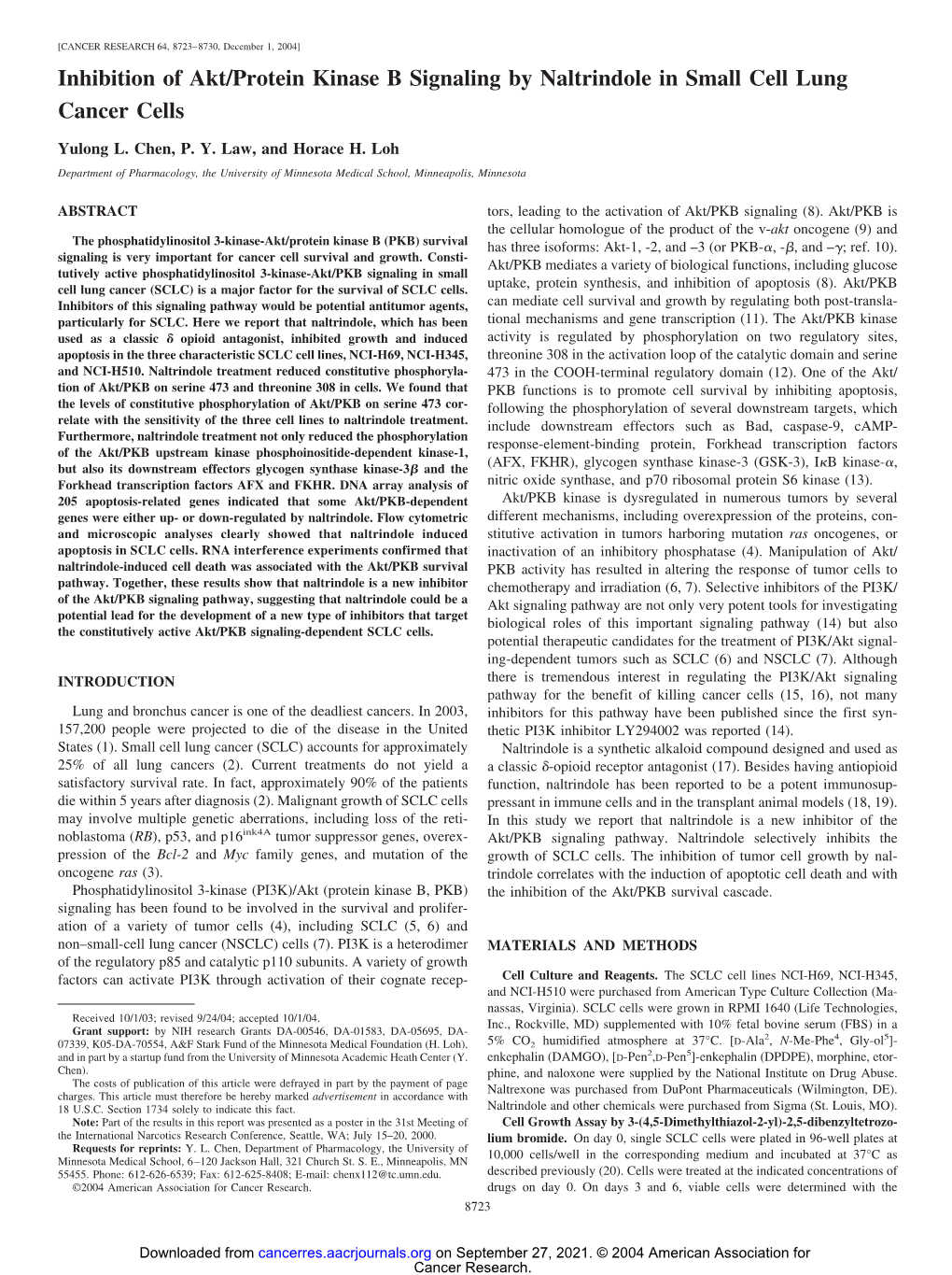 Inhibition of Akt/Protein Kinase B Signaling by Naltrindole in Small Cell Lung Cancer Cells