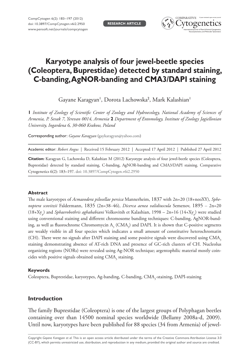 Karyotype Analysis of Four Jewel-Beetle Species (Coleoptera, Buprestidae) Detected by Standard Staining, C-Banding, Agnor-Banding and CMA3/DAPI Staining