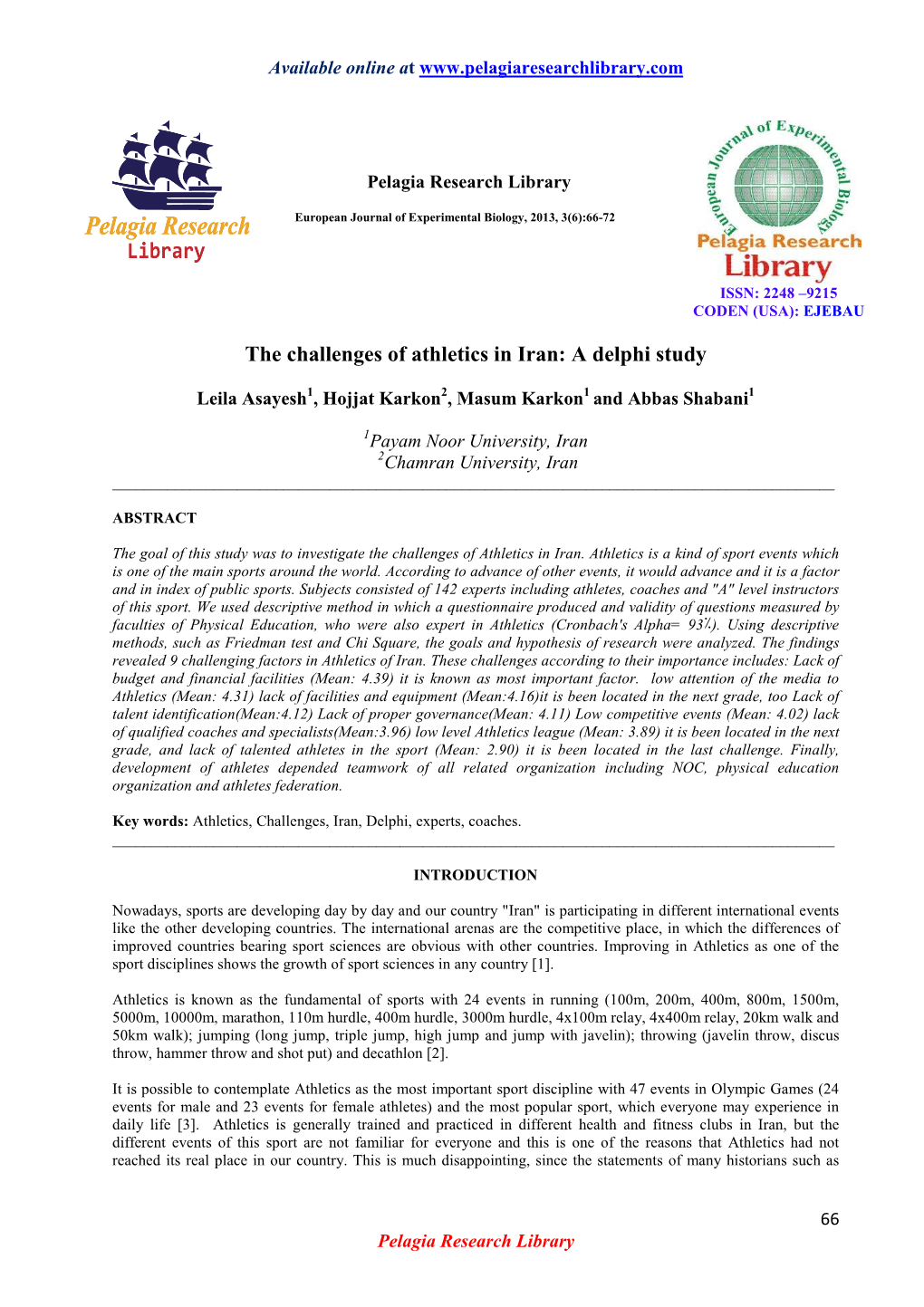 The Challenges of Athletics in Iran: a Delphi Study