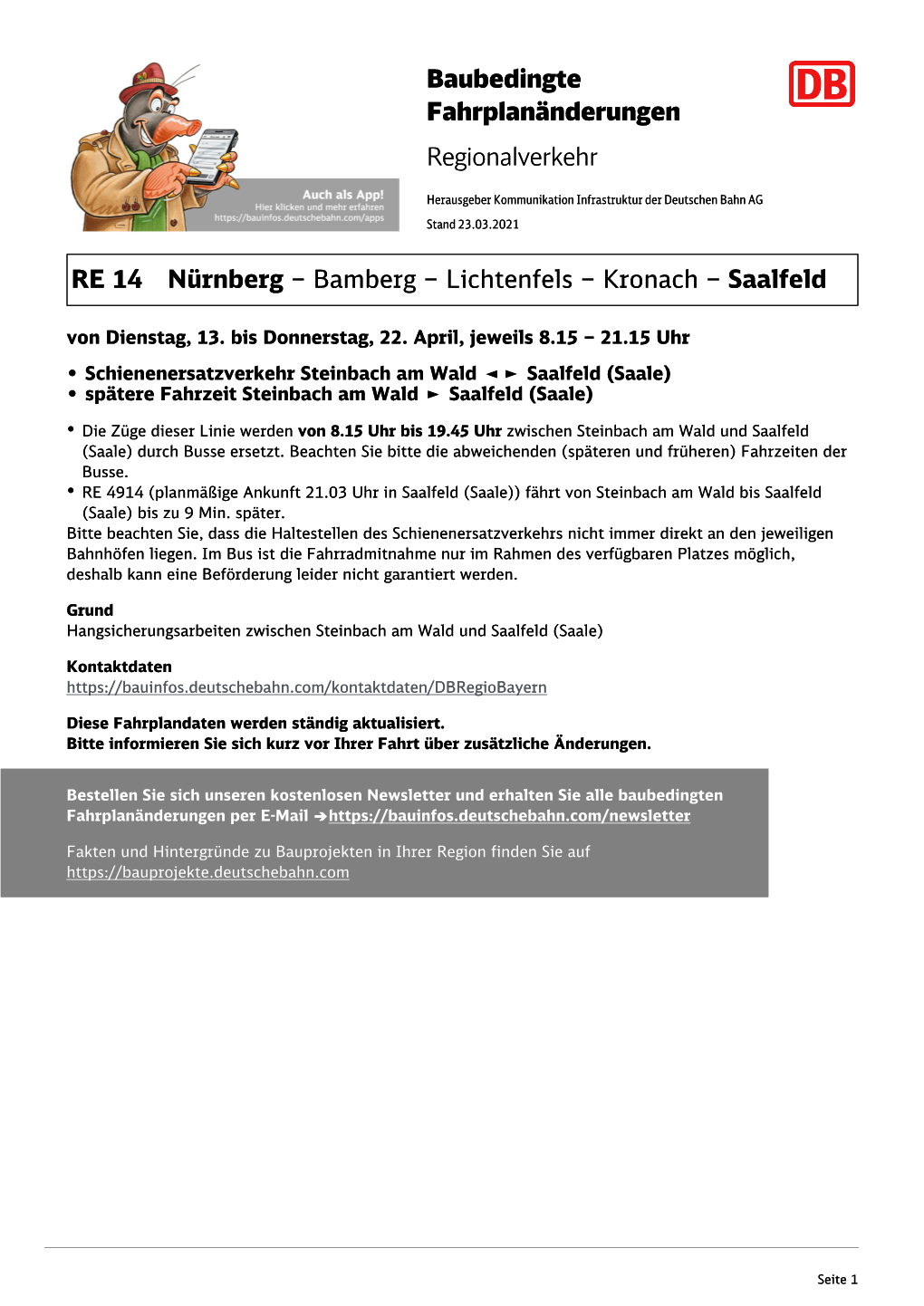 Baubedingte Fahrplanänderungen Regionalverkehr RE 14 Nürnberg