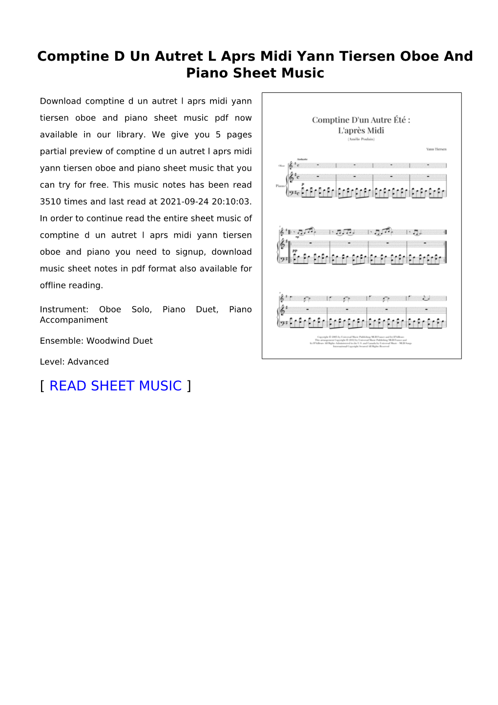 Comptine D Un Autret L Aprs Midi Yann Tiersen Oboe and Piano Sheet Music