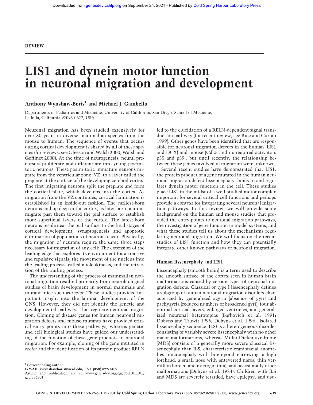 LIS1 and Dynein Motor Function in Neuronal Migration and Development