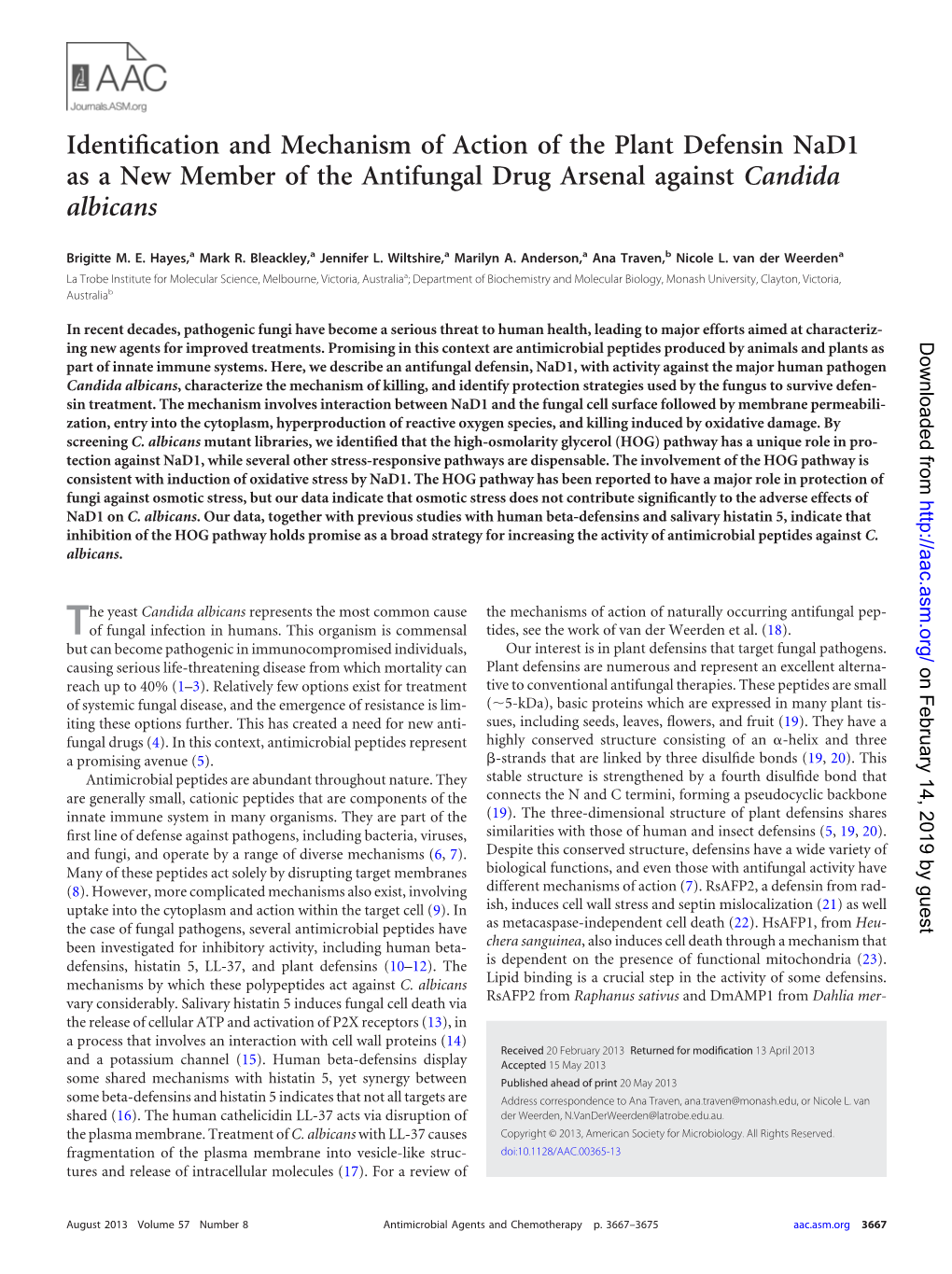 Identification and Mechanism of Action of the Plant Defensin Nad1 As A