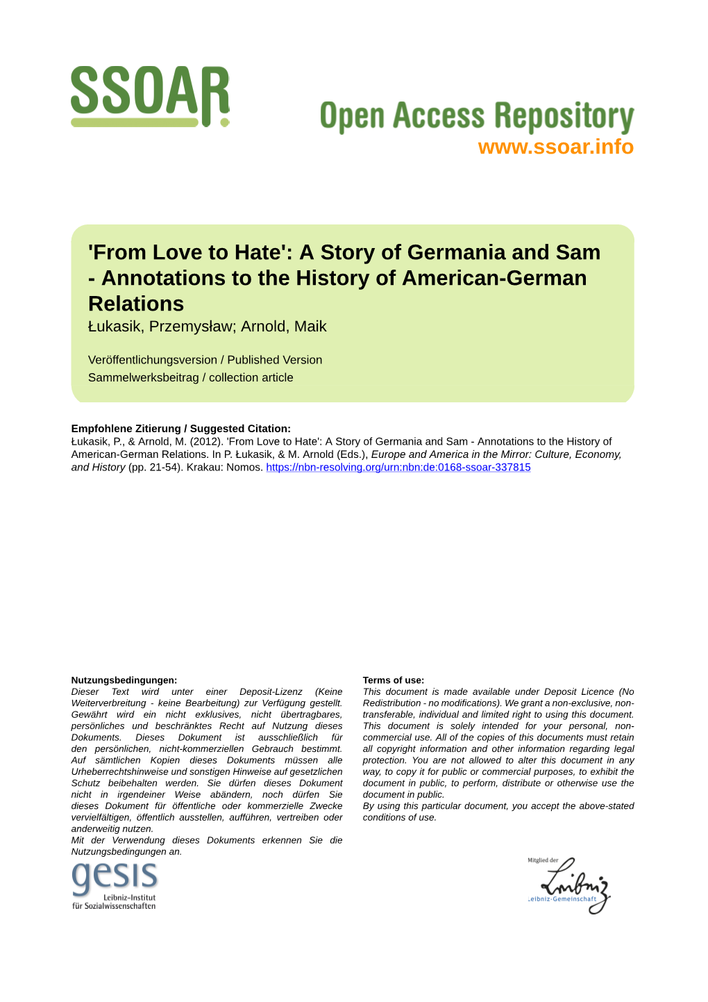 From Love to Hate': a Story of Germania and Sam - Annotations to the History of American-German Relations Łukasik, Przemysław; Arnold, Maik