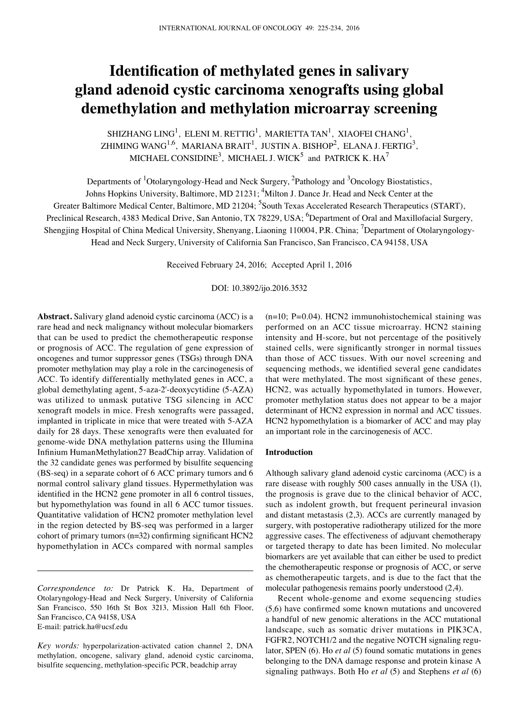 Identification of Methylated Genes in Salivary Gland Adenoid Cystic Carcinoma Xenografts Using Global Demethylation and Methylation Microarray Screening