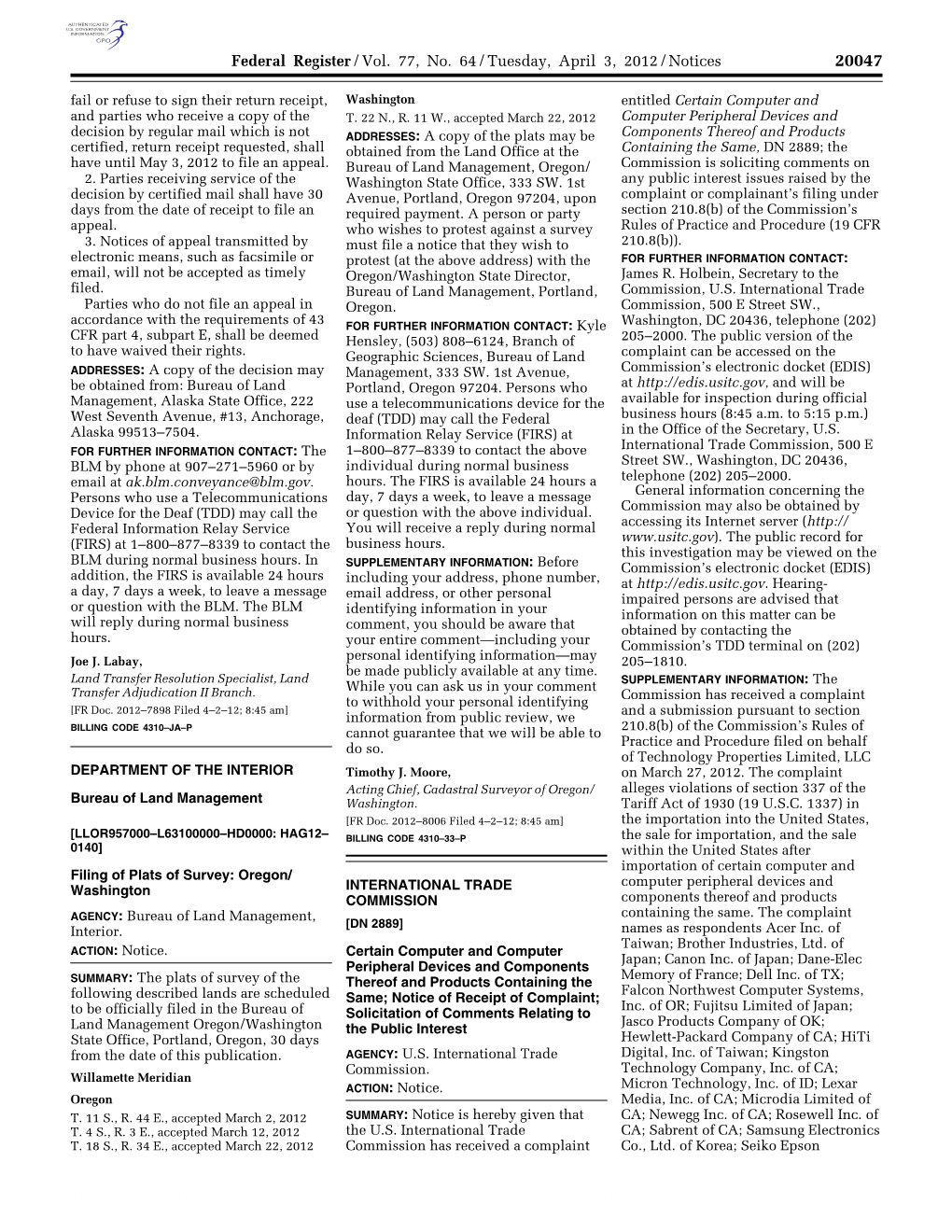 Federal Register/Vol. 77, No. 64/Tuesday, April 3, 2012/Notices