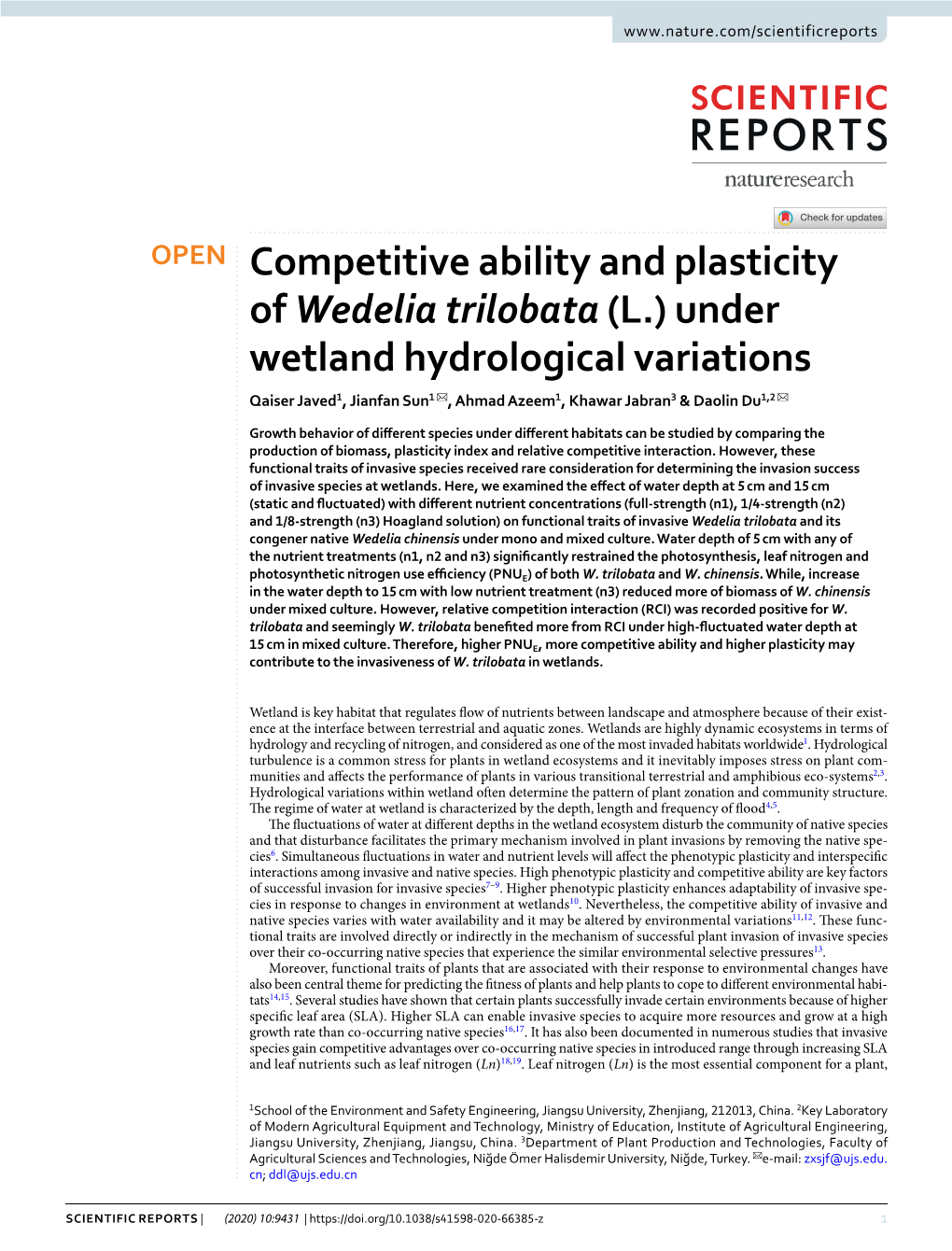 Competitive Ability and Plasticity of Wedelia Trilobata