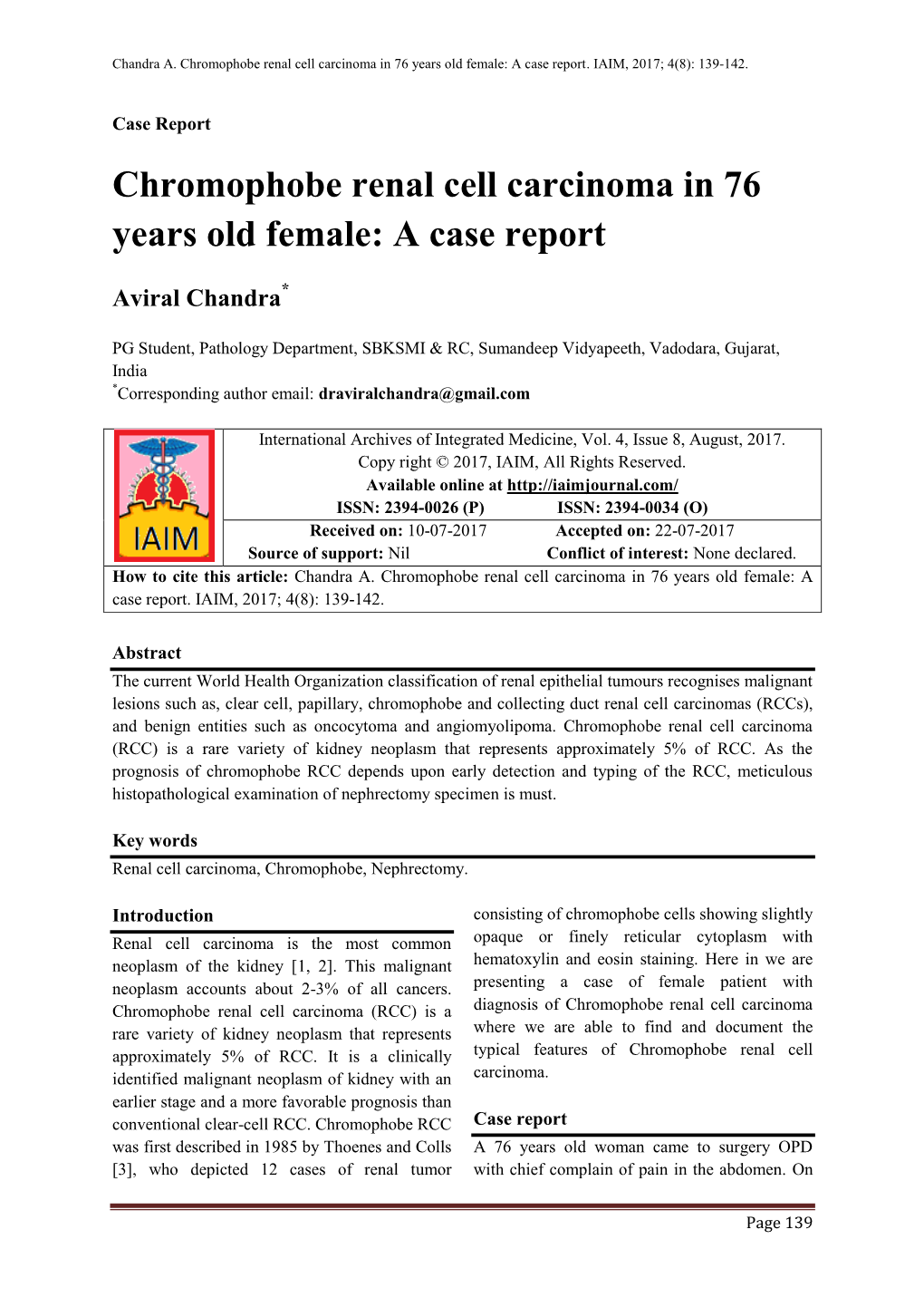 Chromophobe Renal Cell Carcinoma in 76 Years Old Female: a Case Report