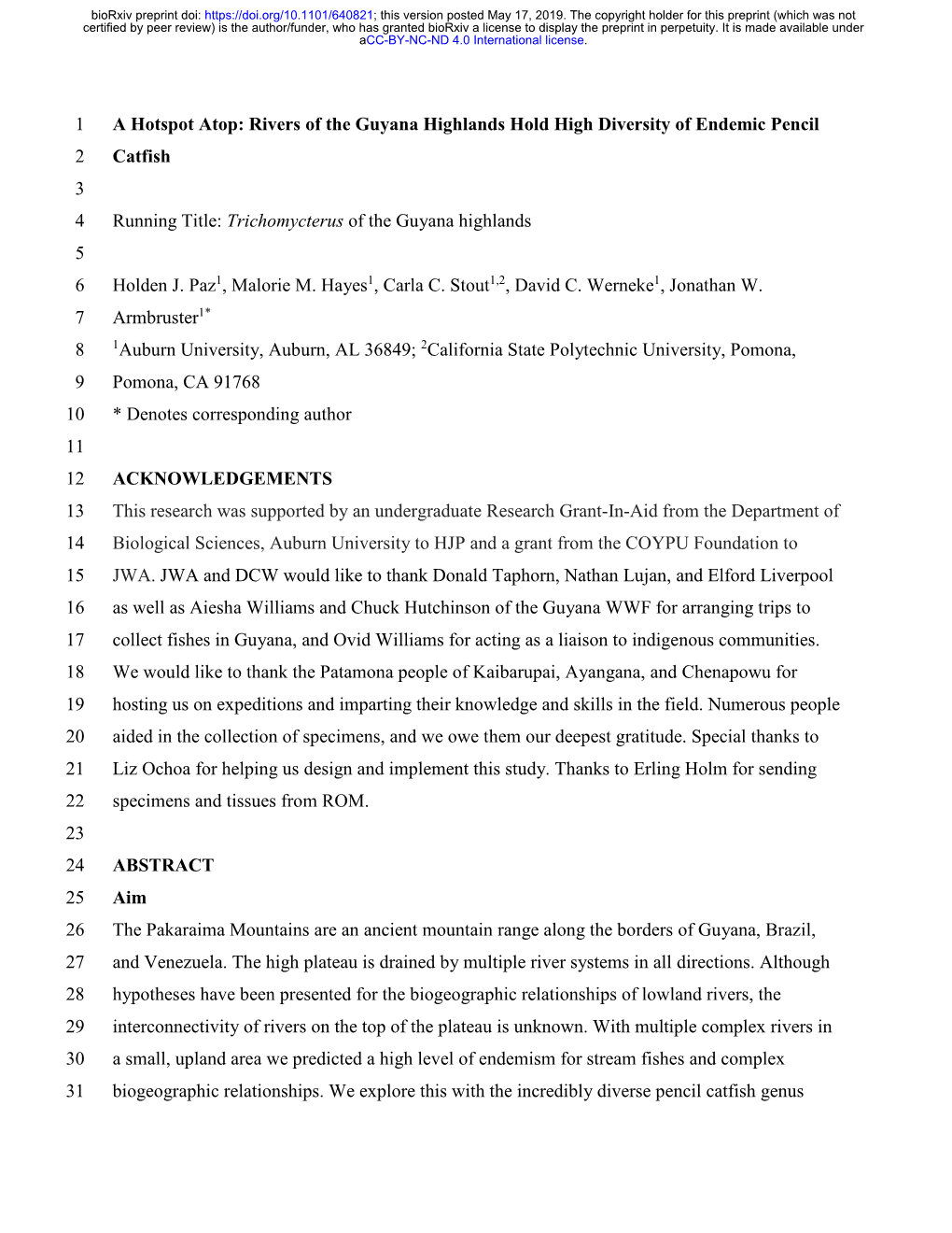 A Hotspot Atop: Rivers of the Guyana Highlands Hold High Diversity of Endemic Pencil 2 Catfish 3 4 Running Title: Trichomycterus of the Guyana Highlands 5 6 Holden J