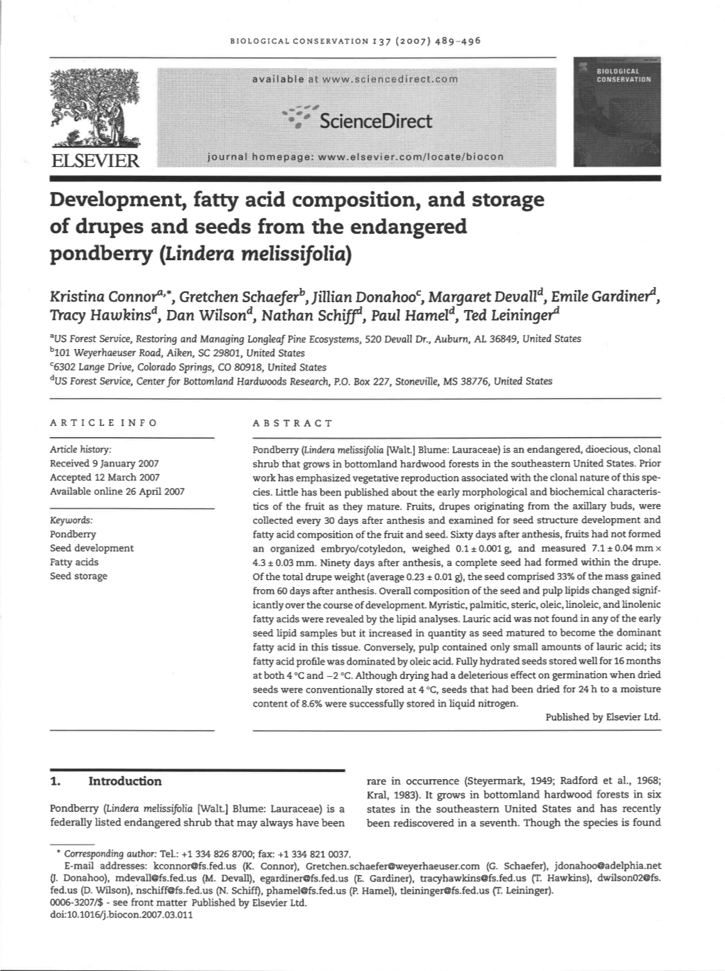 Development, Fatty Acid Composition, and Storage of Drupes and Seeds from the Endangered Pondberry (Lindera Melissifolia)