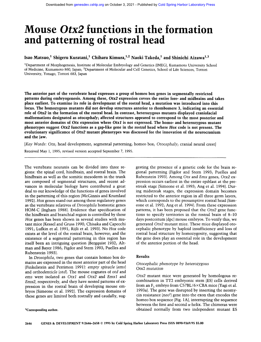 Mouse Otx2 Functions in the Formation and Patterning of Rostral Head