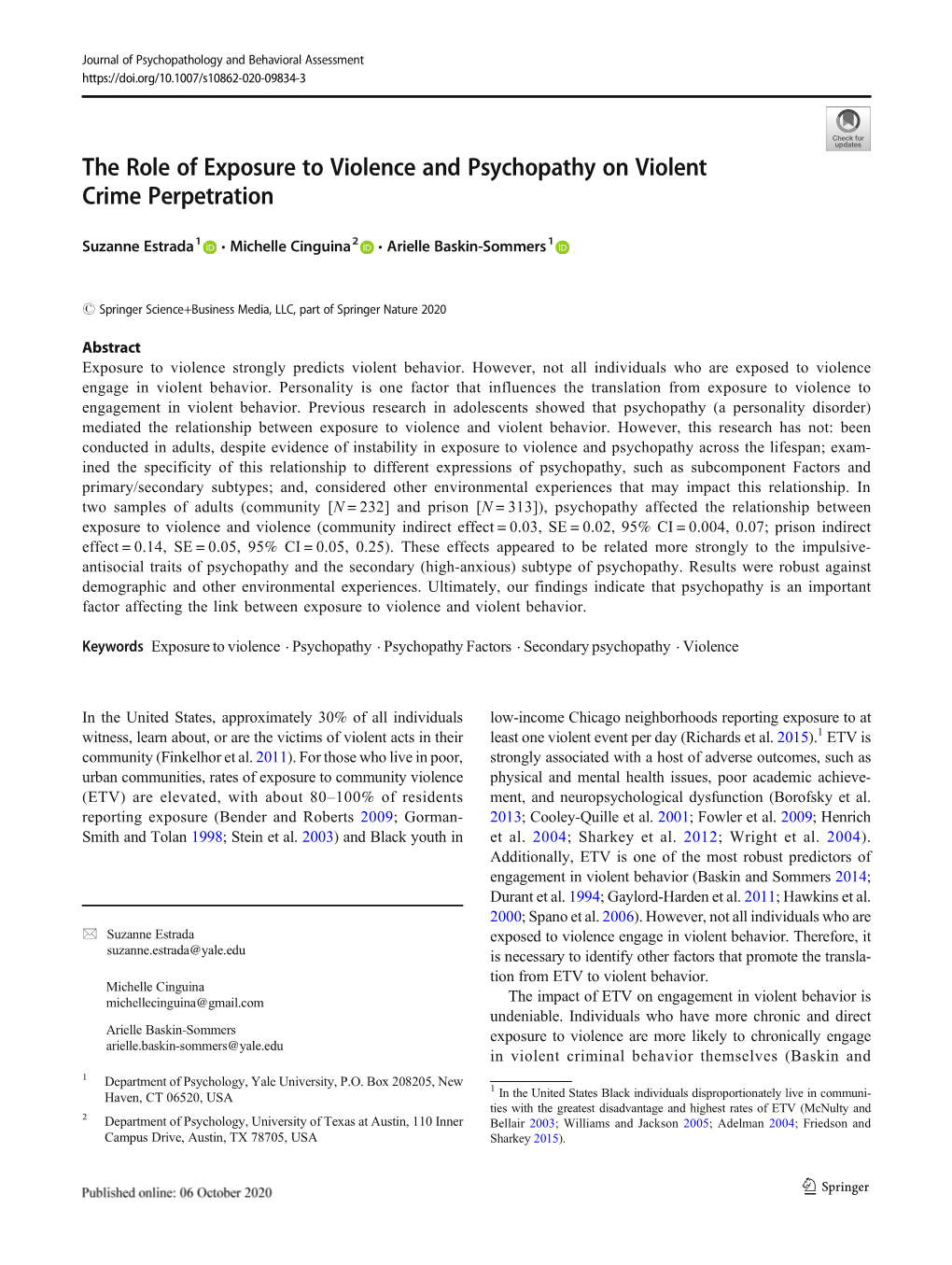 The Role of Exposure to Violence and Psychopathy on Violent Crime Perpetration