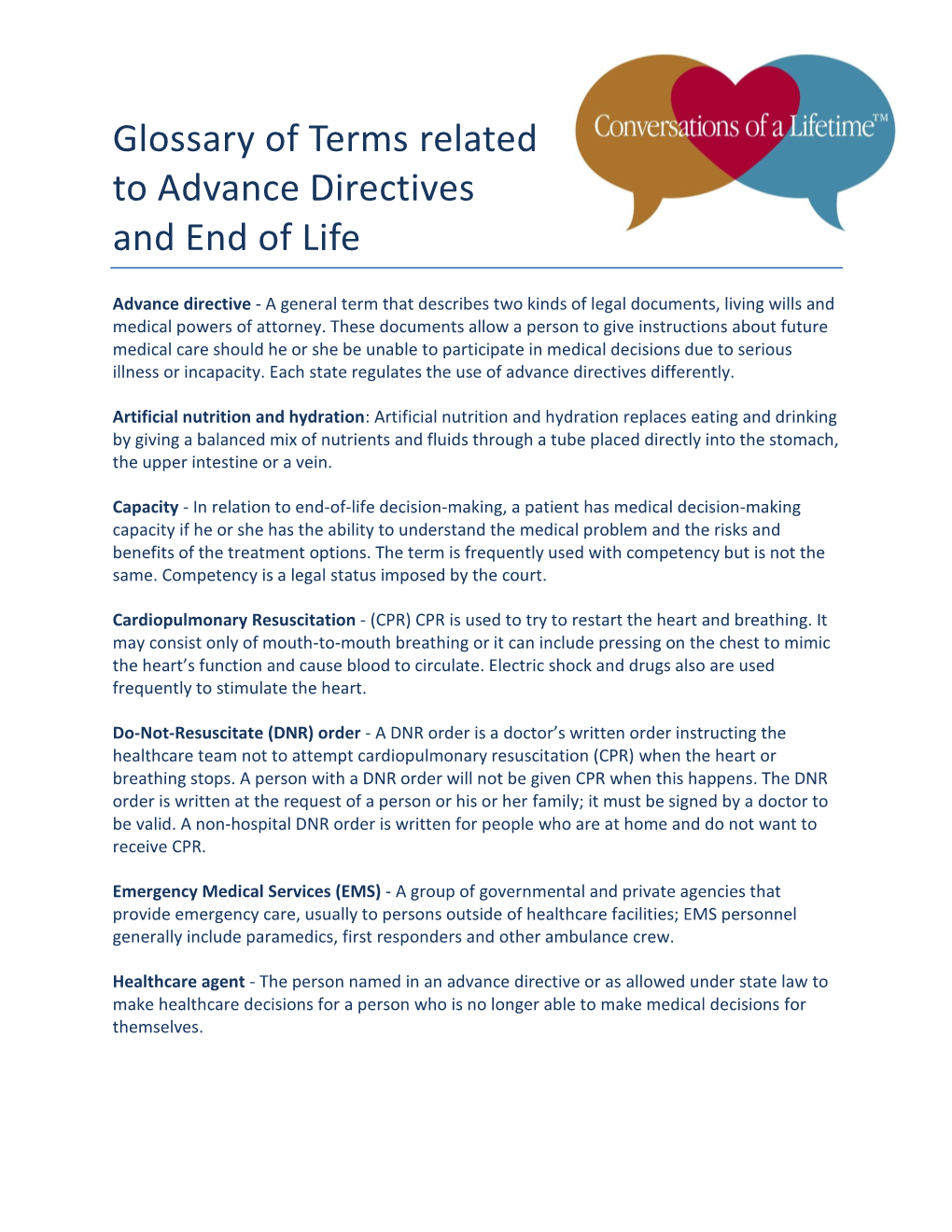 Glossary of Terms Related to Advance Directives and End of Life