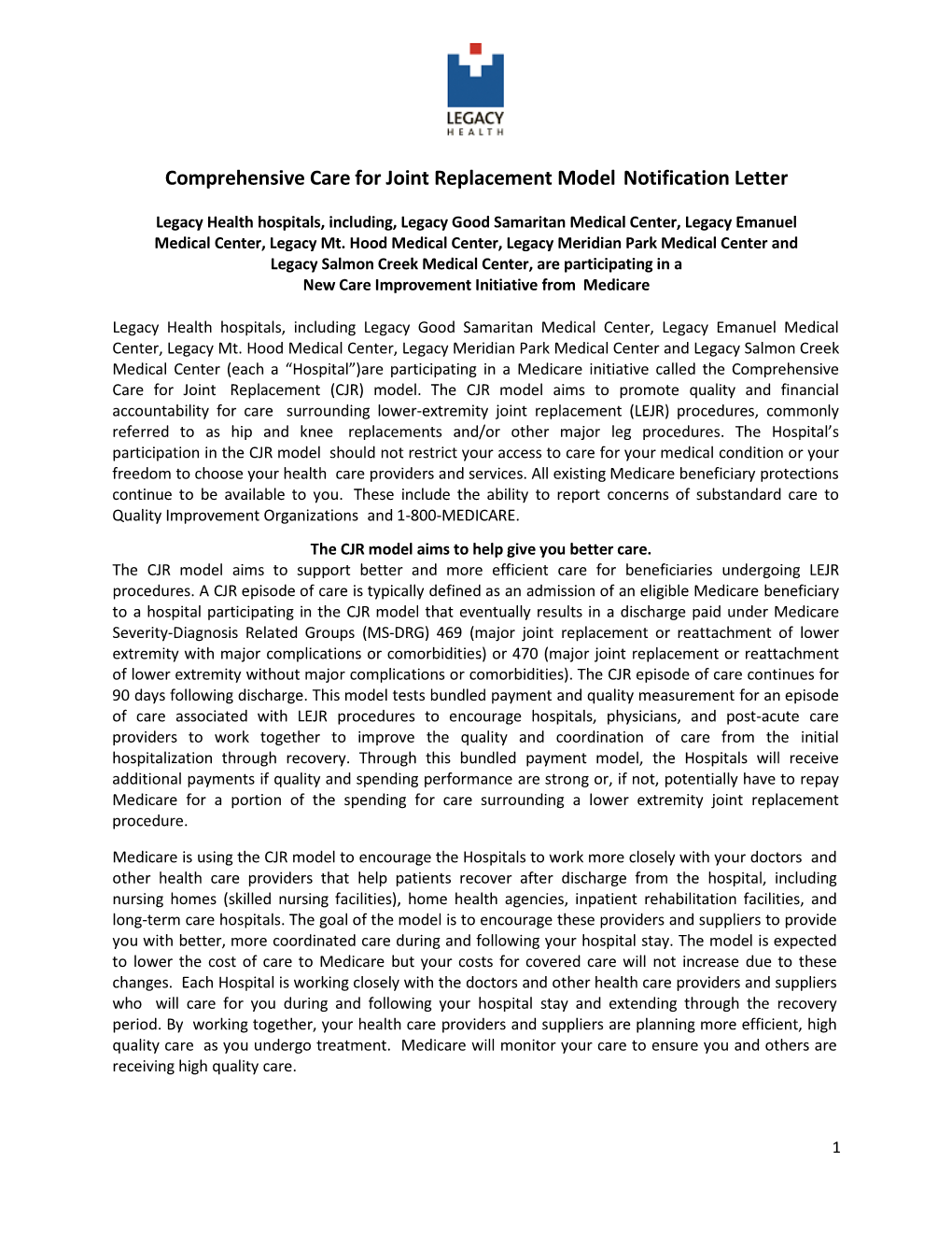 Comprehensive Care for Joint Replacement Model Notification Letter