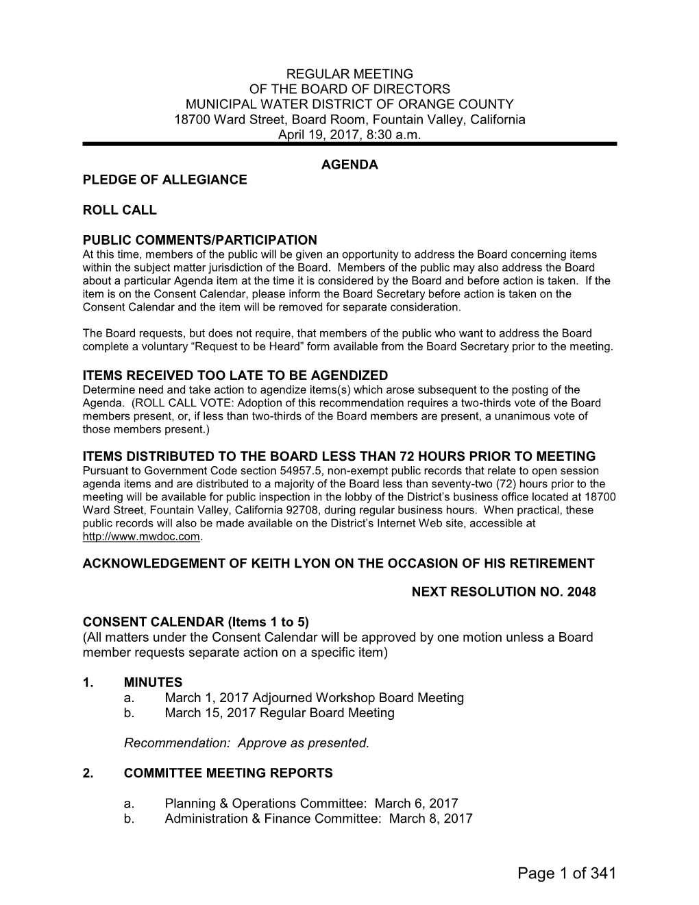 Page 1 of 341 Regular Meeting Agenda April 19, 2017