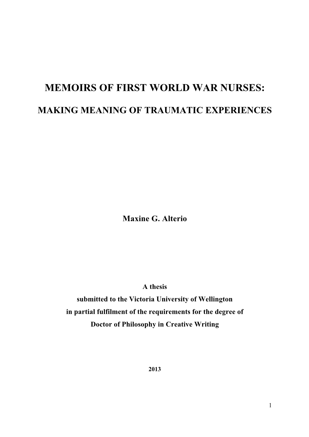 Memoirs of First World War Nurses