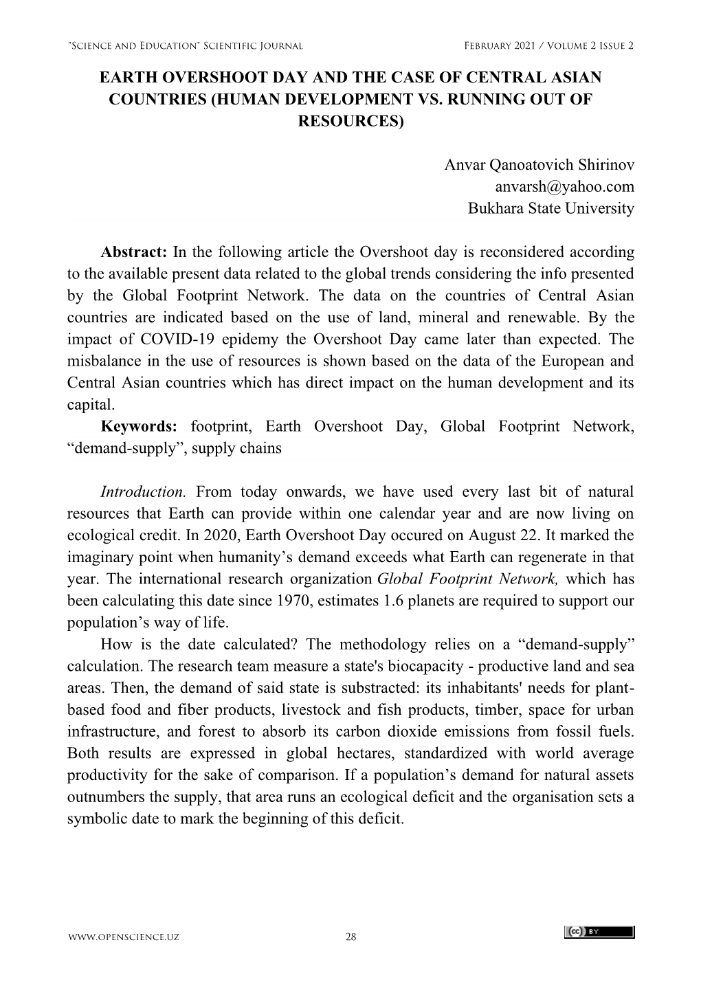 EARTH OVERSHOOT DAY and the CASE of CENTRAL ASIAN COUNTRIES (HUMAN DEVELOPMENT VS. RUNNING out of RESOURCES) Anvar Qanoatovich S