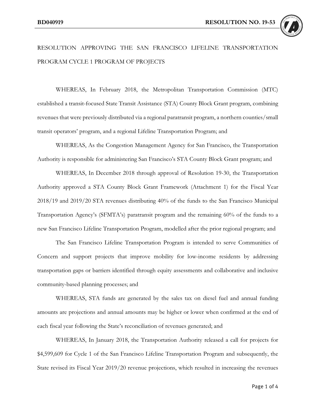 Board Approval of SF LTP Cycle 1 Projects (April 23, 2019)