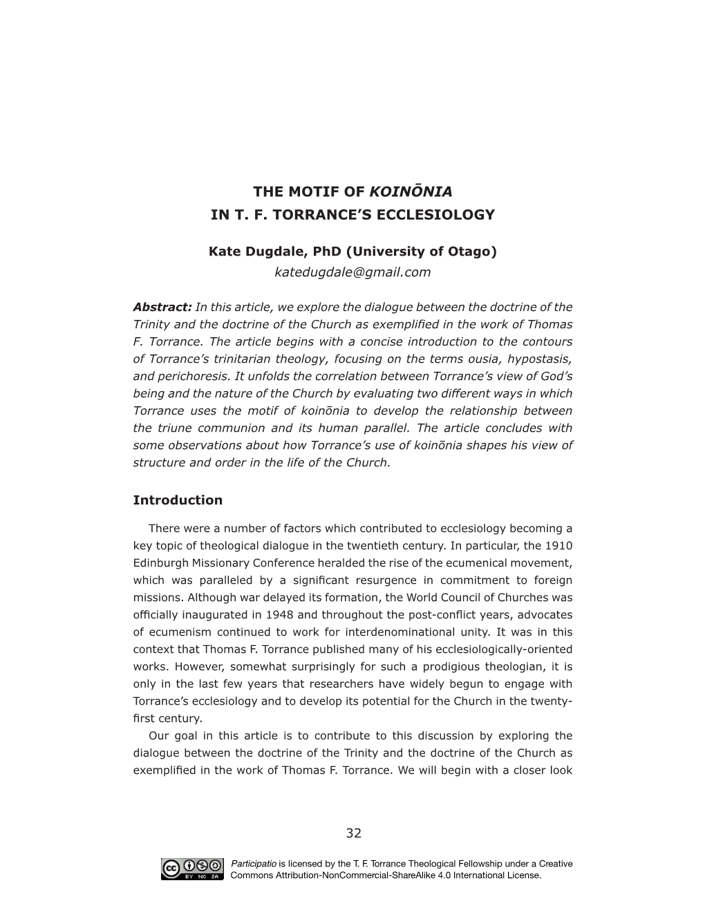 The Motif of Koinōnia in T. F. Torrance's Ecclesiology