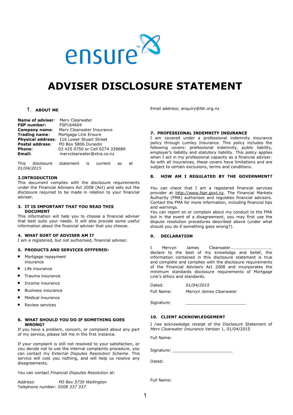 Adviser Disclosure Statement