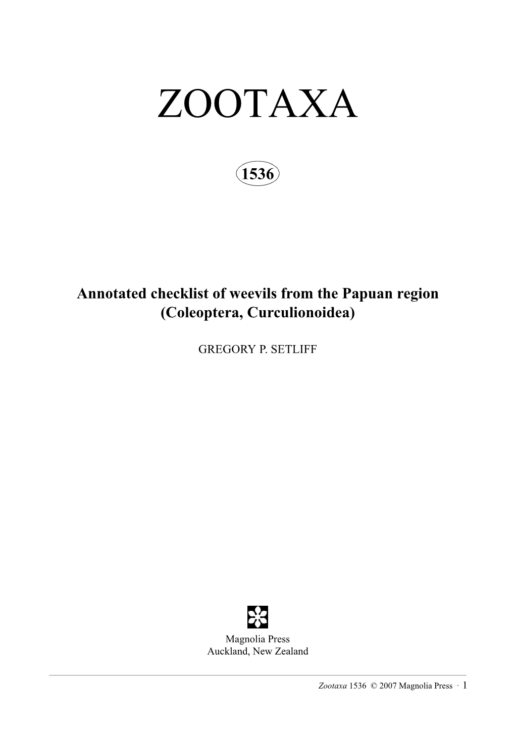 Zootaxa, Annotated Checklist of Weevils from the Papuan Region