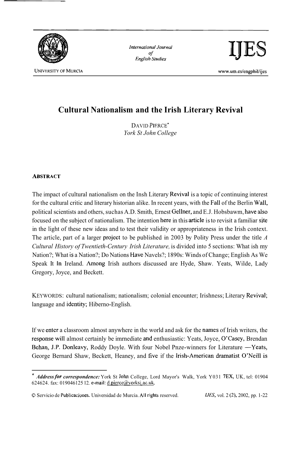 Cultural Nationalism and the Irish Literary Revival