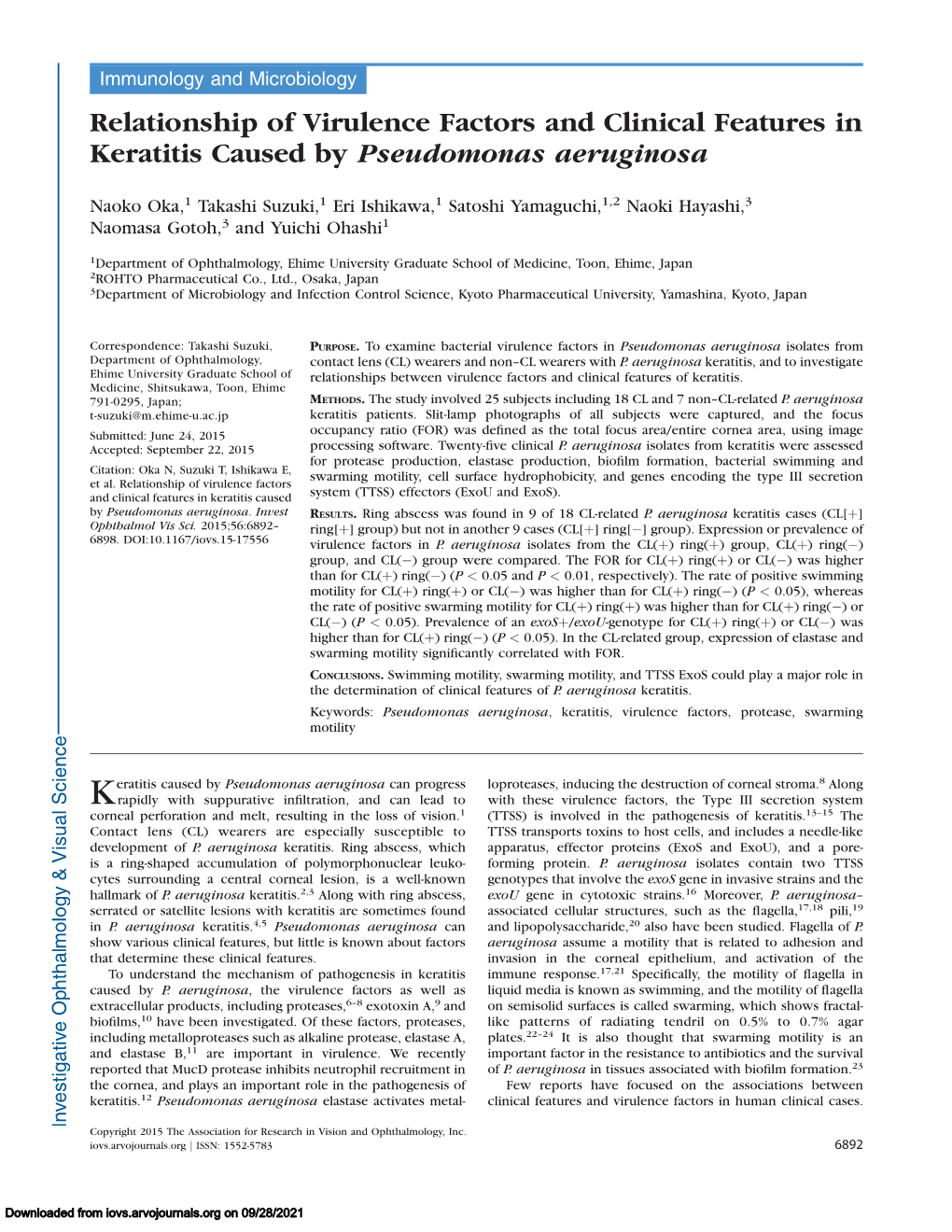 Relationship of Virulence Factors and Clinical Features in Keratitis Caused by Pseudomonas Aeruginosa