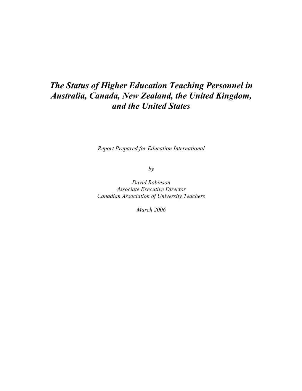The Status of Higher Education Teaching Personnel in Australia, Canada, New Zealand, the United Kingdom, and the United States