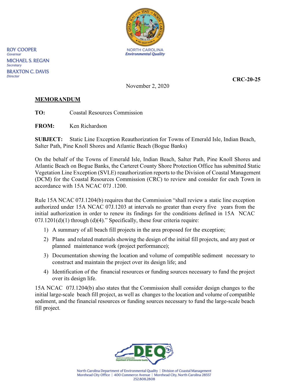 Static Line Exception Reauthorization for Towns of Emerald Isle, Indian Beach, Salter Path, Pine Knoll Shores and Atlantic Beach (Bogue Banks)