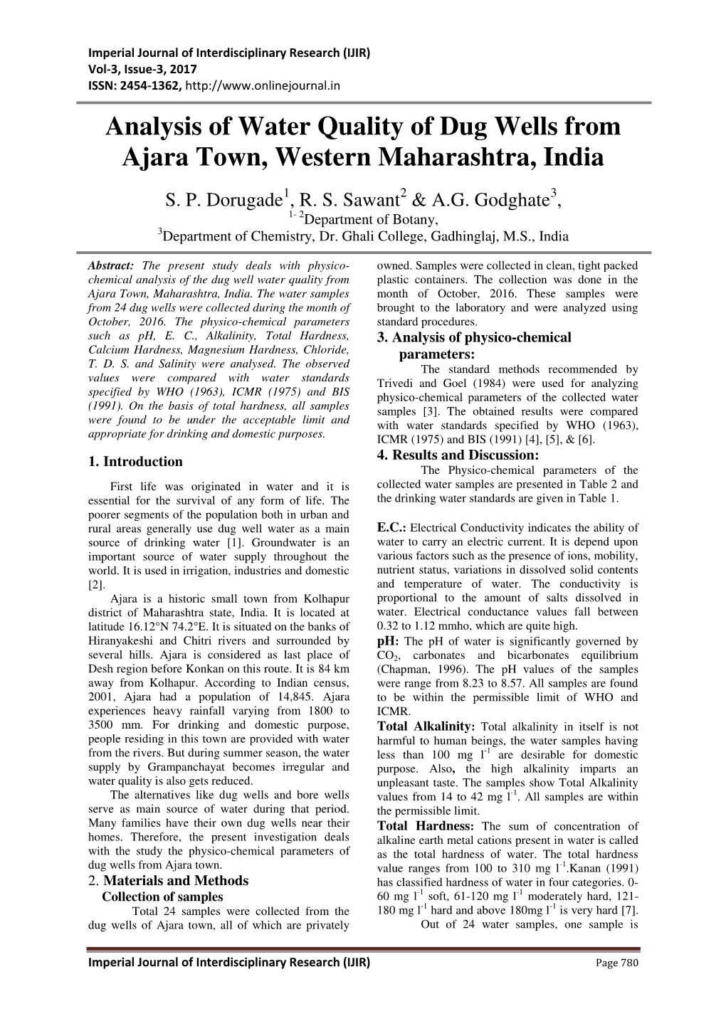 Analysis of Water Quality of Dug Wells from Ajara Town, Western Maharashtra, India