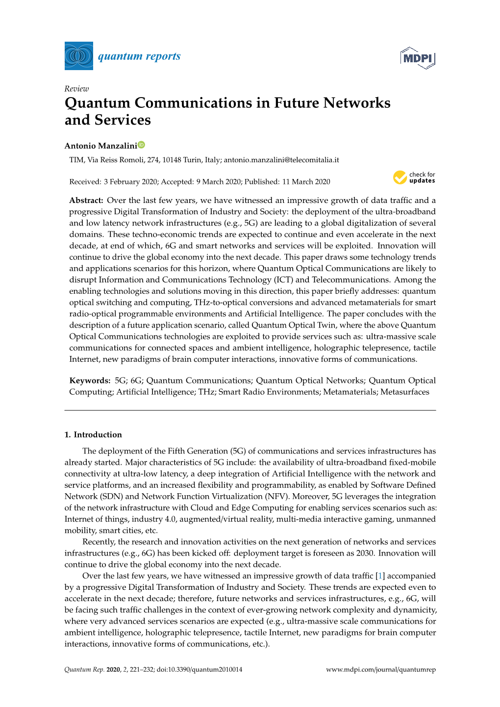 Quantum Communications in Future Networks and Services