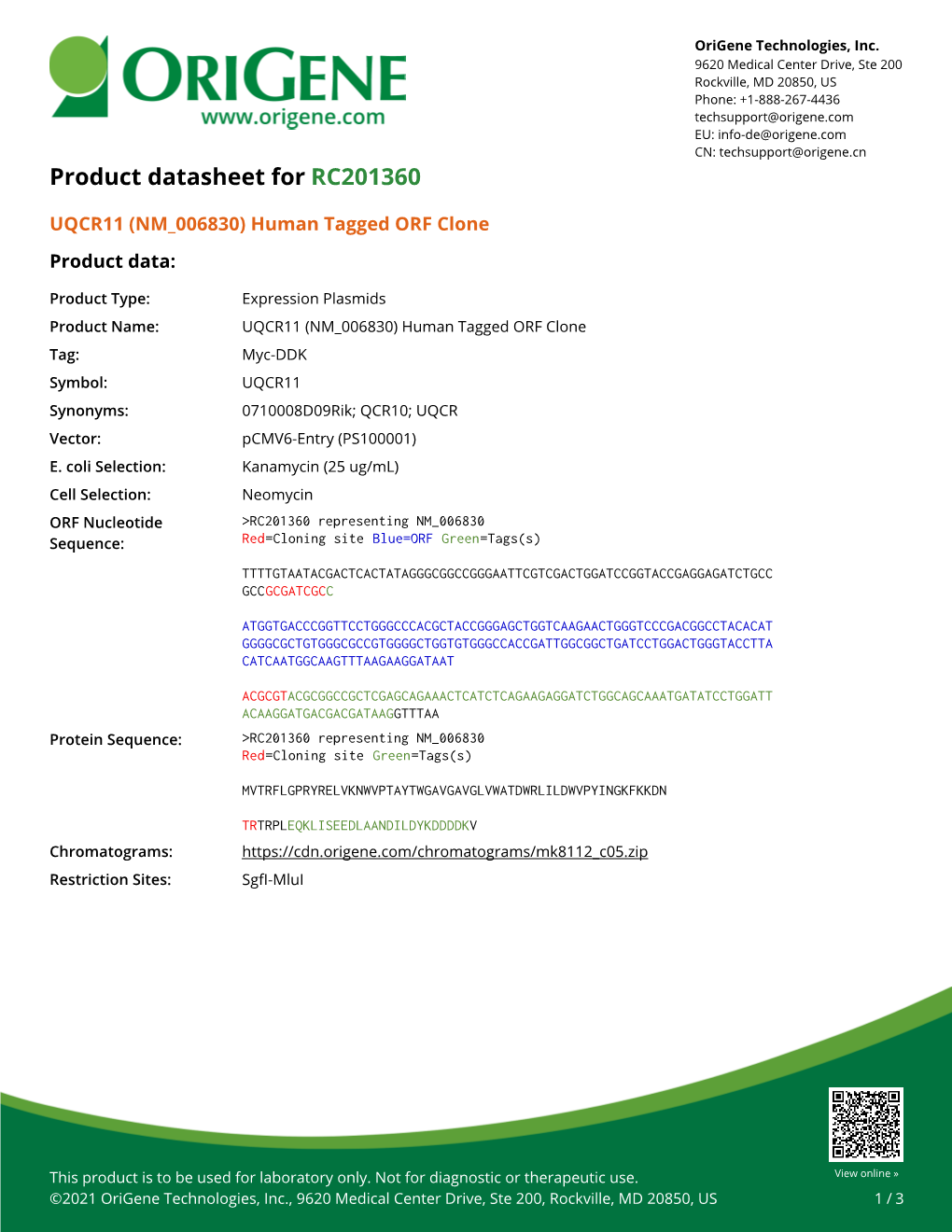 UQCR11 (NM 006830) Human Tagged ORF Clone – RC201360