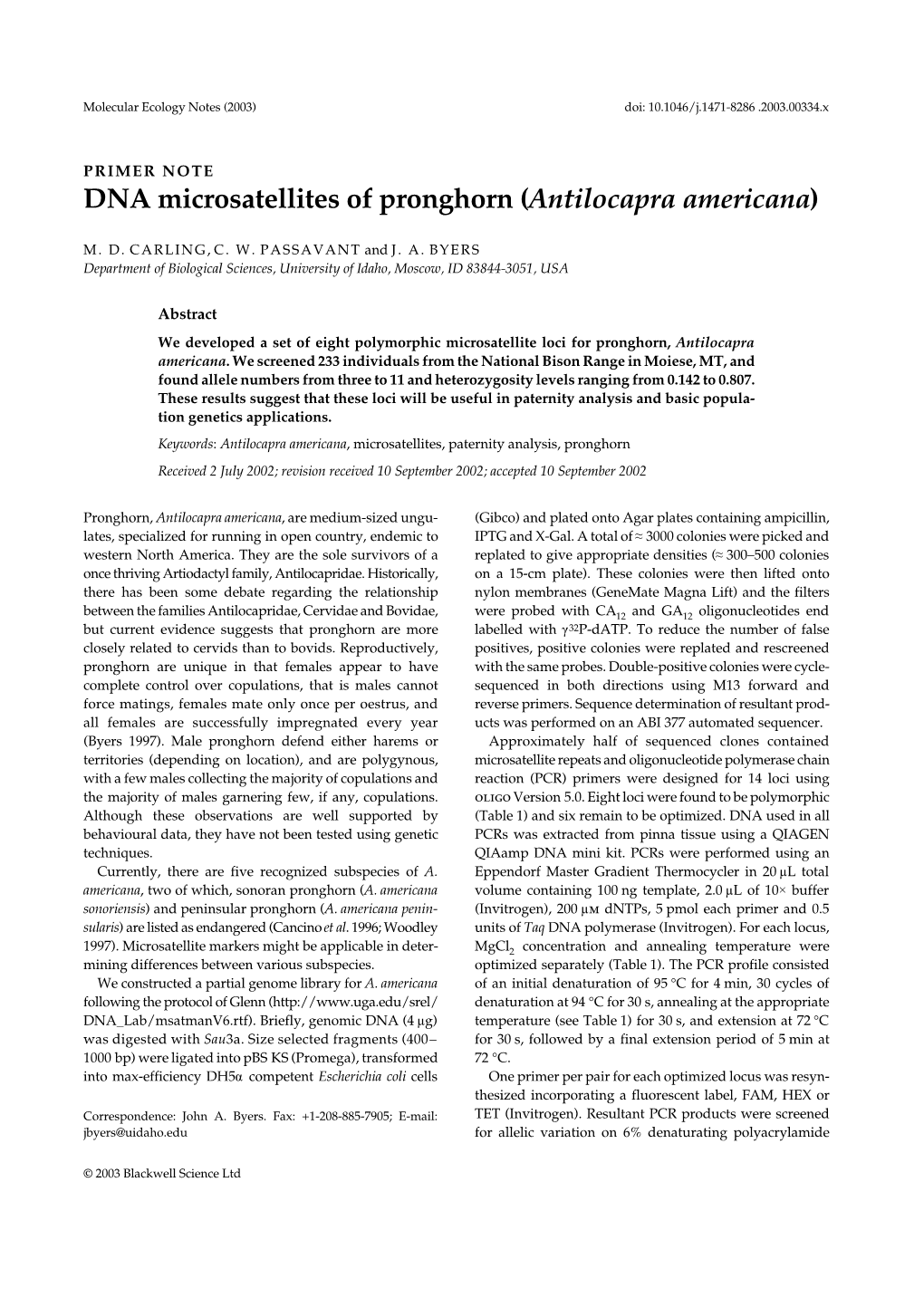 DNA Microsatellites of Pronghorn (Antilocapra Americana)