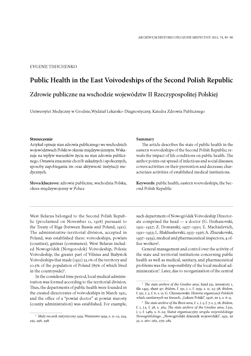 Public Health in the East Voivodeships of the Second Polish Republic