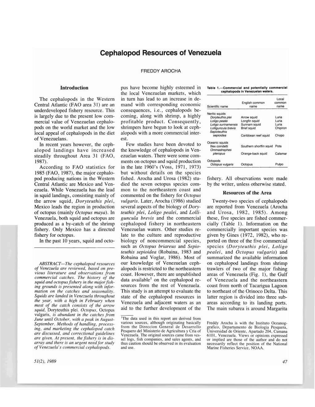 Cephalopod Resources of Venezuela