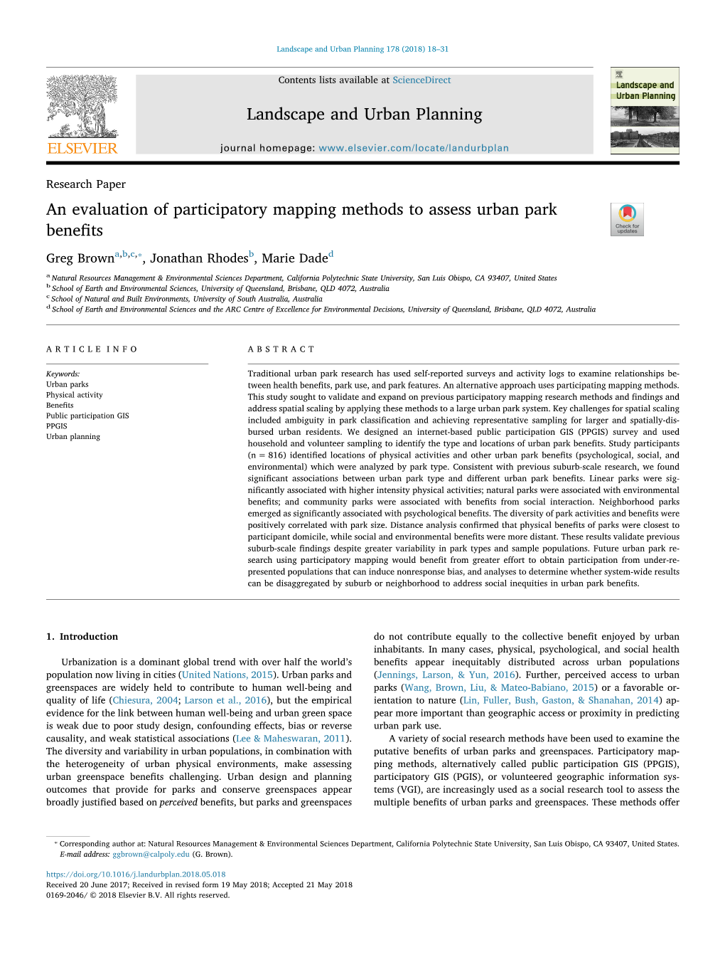 An Evaluation of Participatory Mapping Methods to Assess Urban Park Benefits