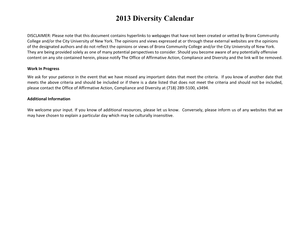 2013 Diversity Calendar