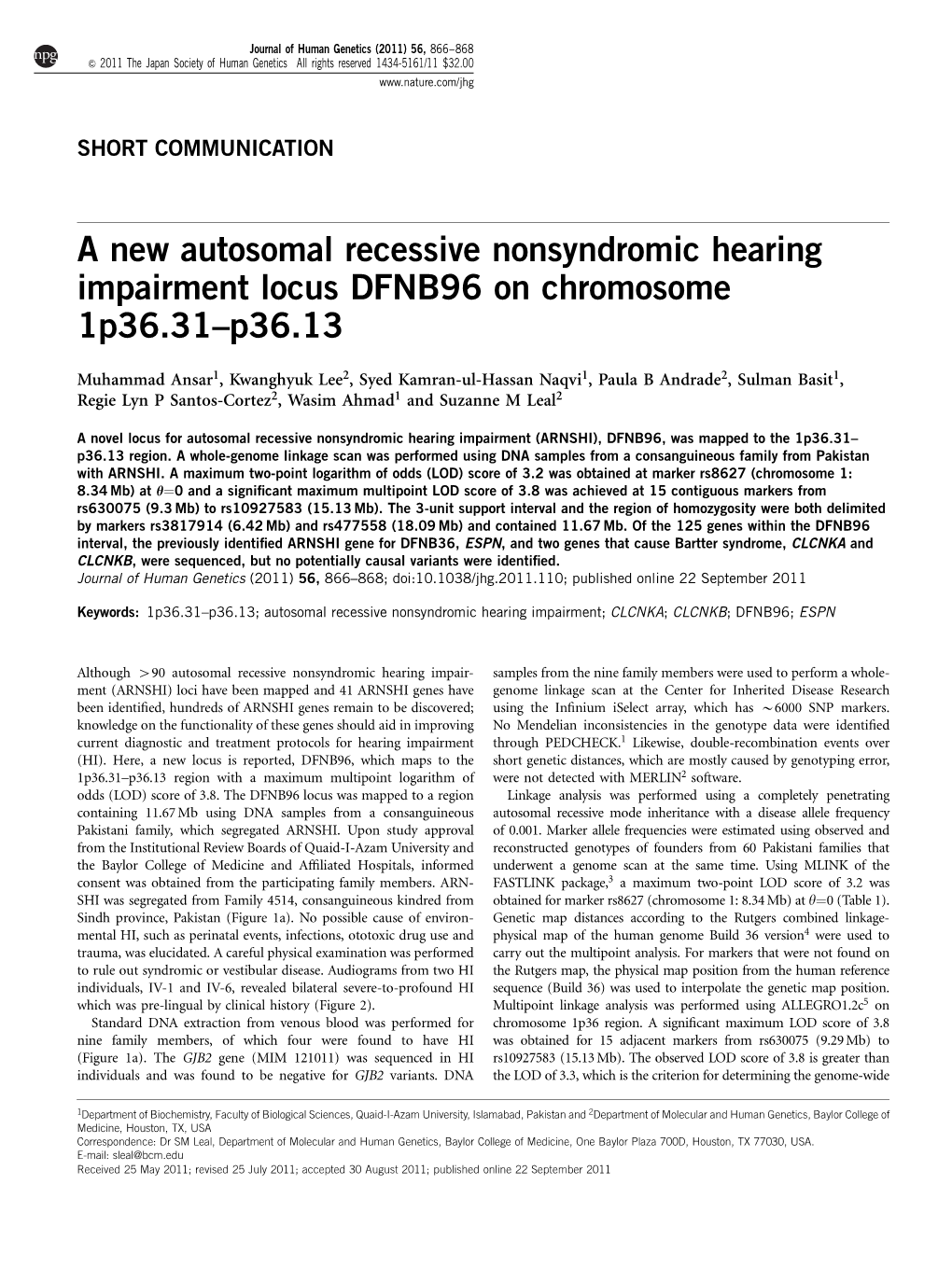 A New Autosomal Recessive Nonsyndromic Hearing Impairment Locus DFNB96 on Chromosome 1P36.31–P36.13