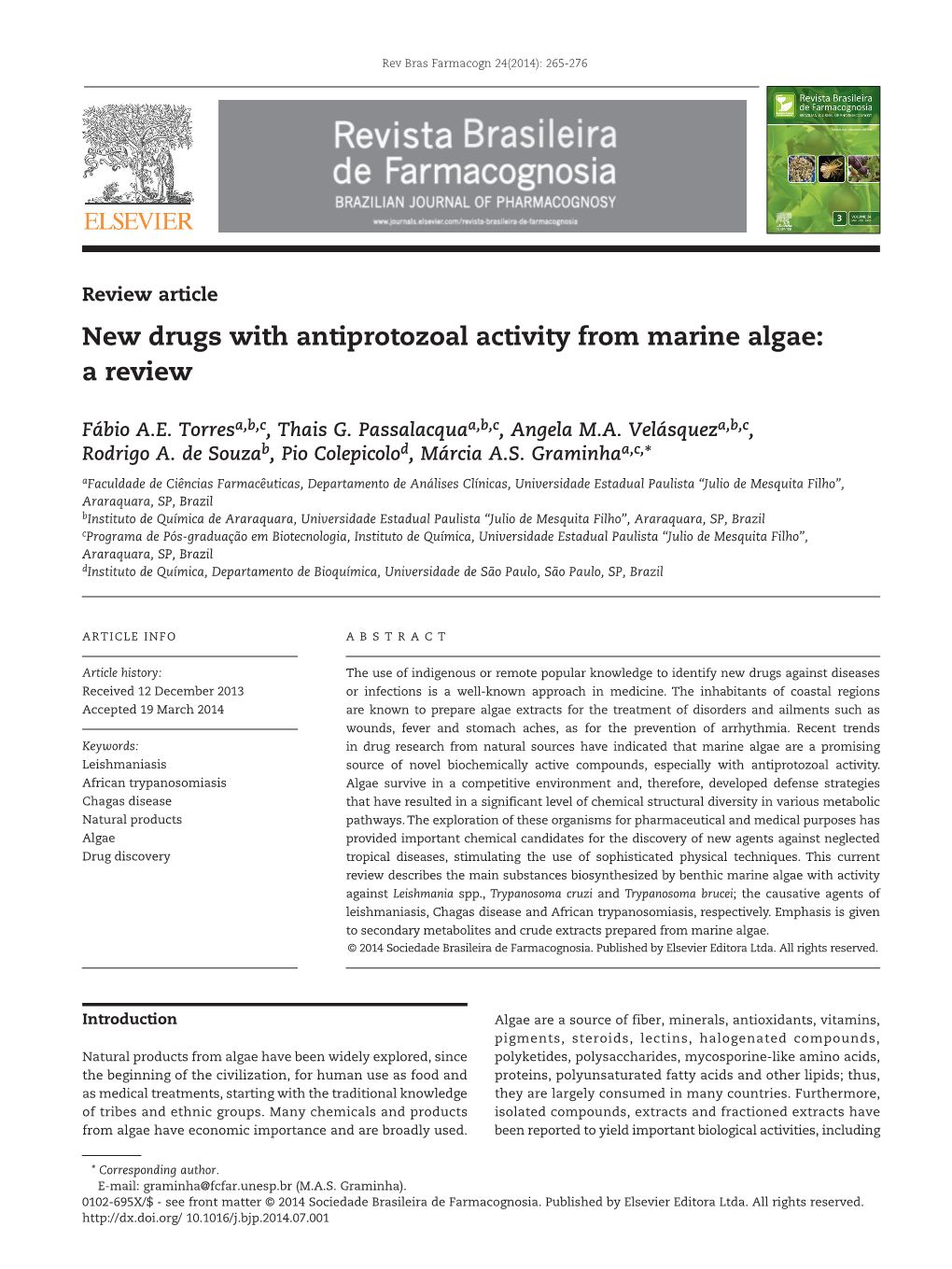 New Drugs with Antiprotozoal Activity from Marine Algae: a Review