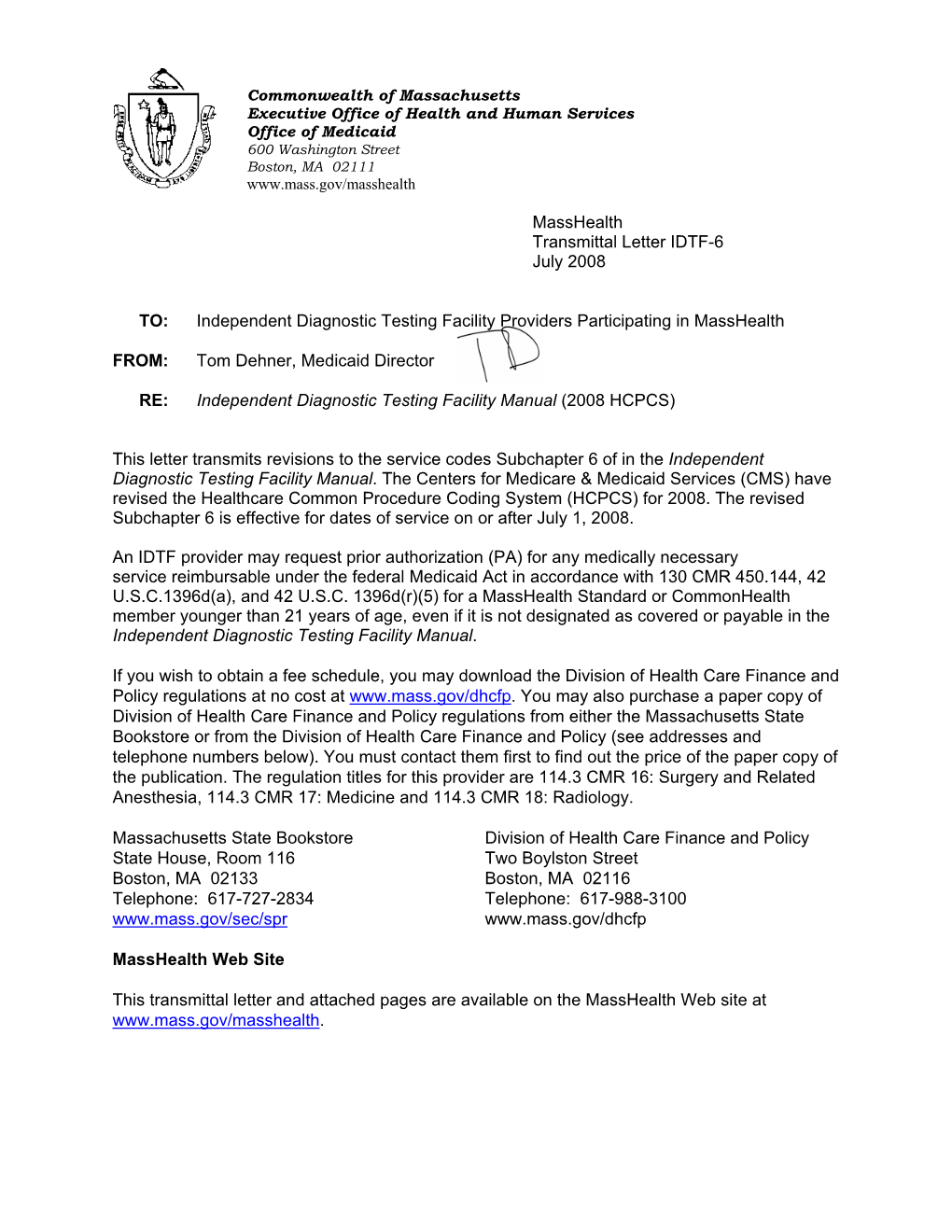 Masshealth Transmittal Letter IDTF-6 July 2008 TO