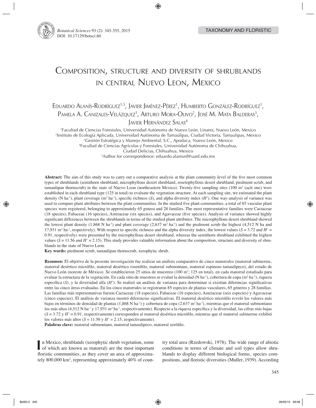 Composition, Structure and Diversity of Shrublands in Central Nuevo Leon, Mexico