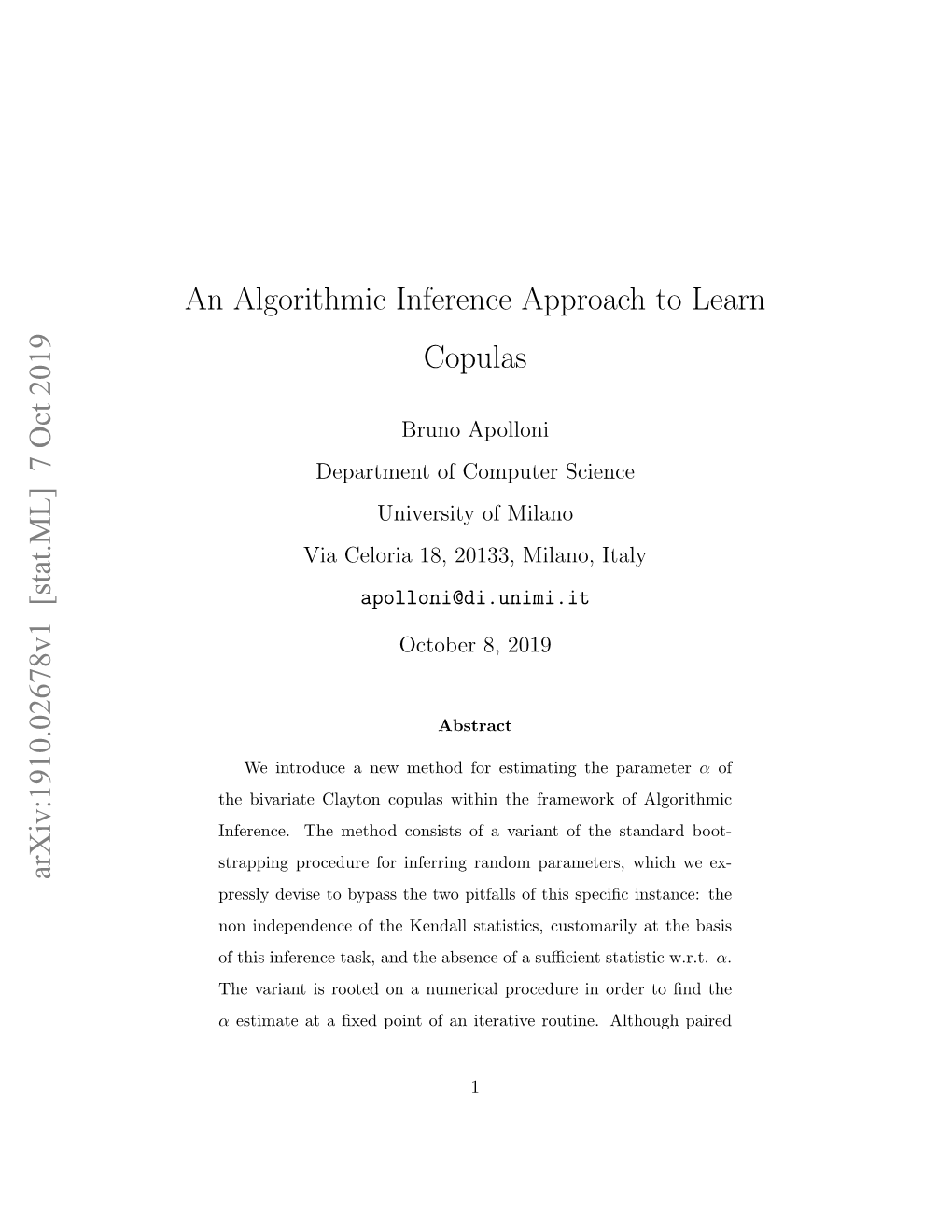 An Algorithmic Inference Approach to Learn Copulas Arxiv:1910.02678V1