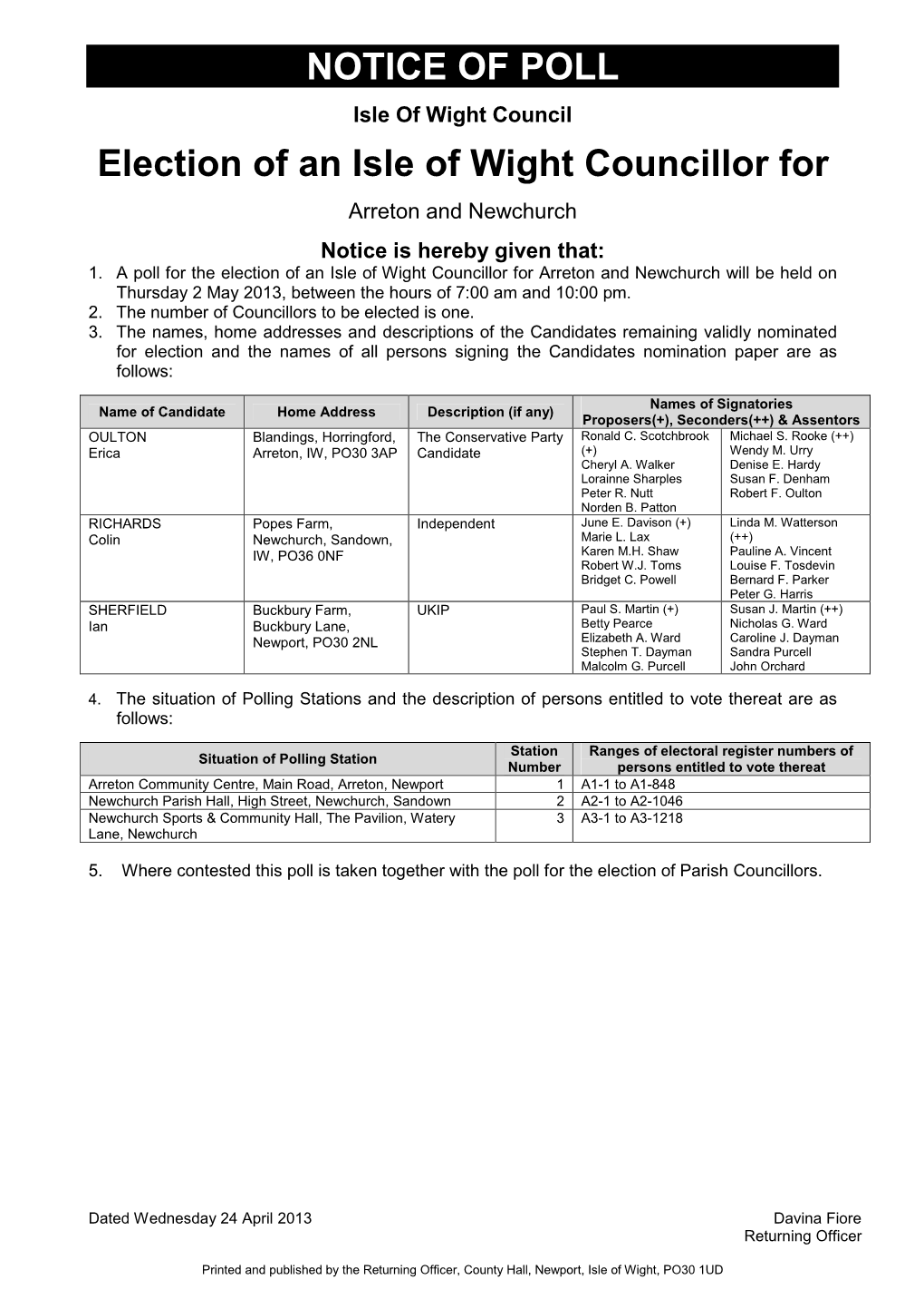 NOTICE of POLL Election of an Isle of Wight Councillor