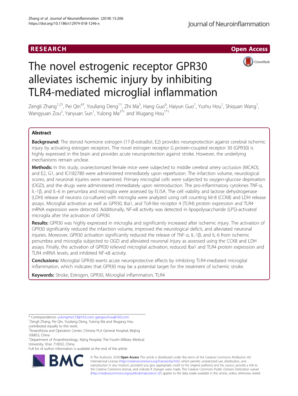 The Novel Estrogenic Receptor GPR30 Alleviates Ischemic Injury By