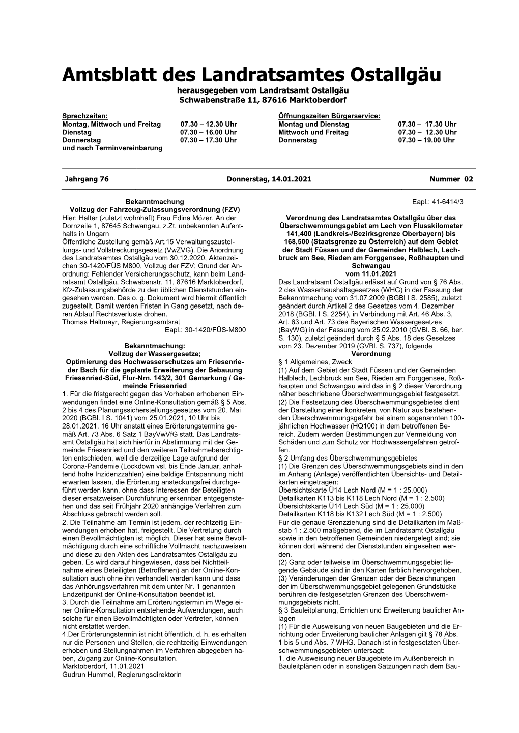 Amtsblatt Des Landratsamtes Ostallgäu Herausgegeben Vom Landratsamt Ostallgäu Schwabenstraße 11, 87616 Marktoberdorf