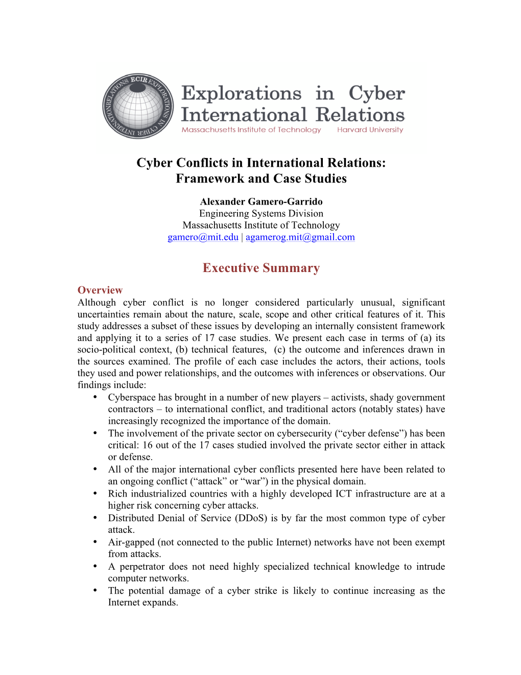 Cyber Conflicts in International Relations: Framework and Case Studies