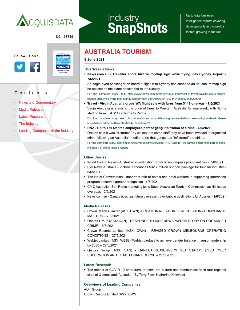 AUSTRALIA TOURISM 8 June 2021